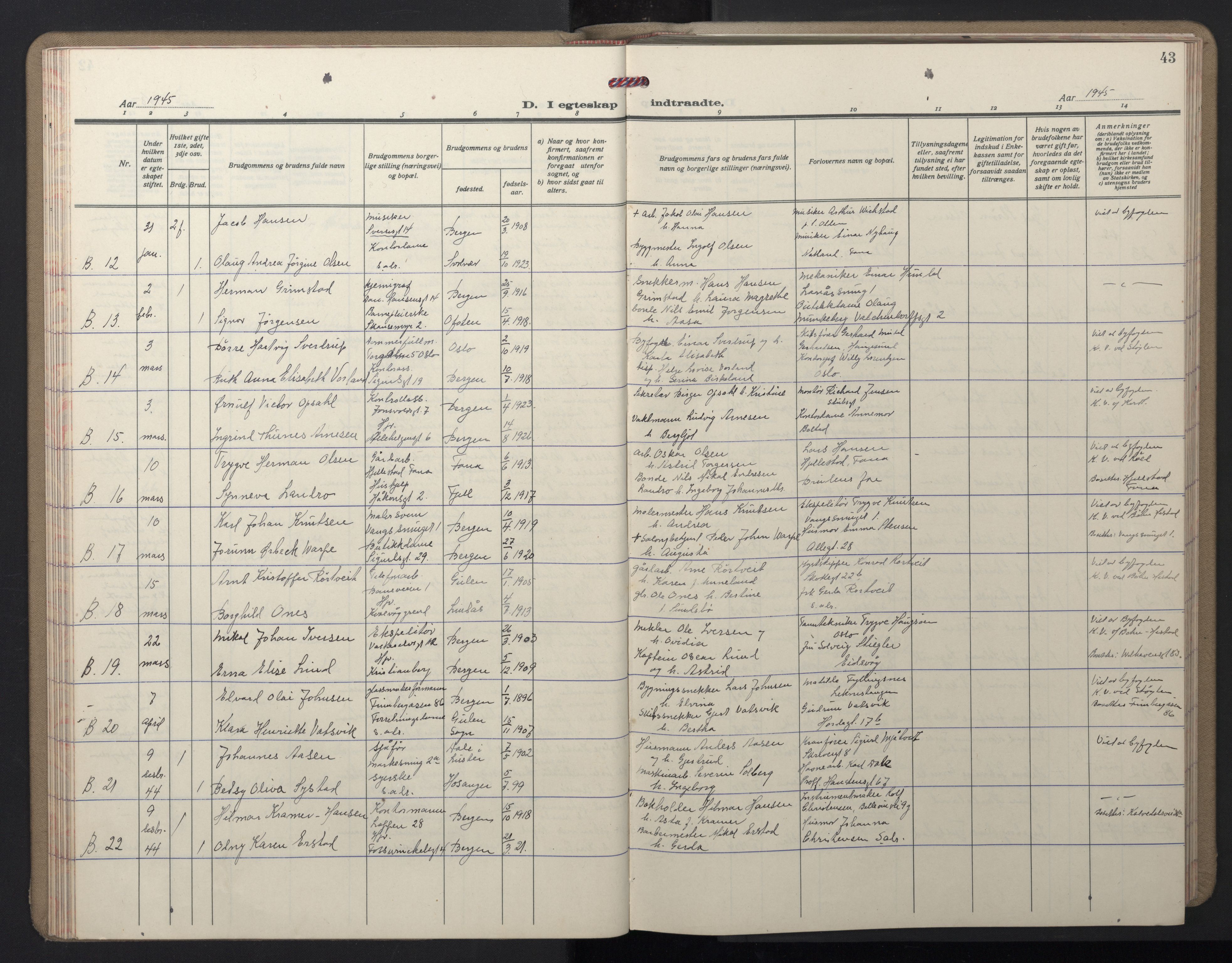 Domkirken sokneprestembete, SAB/A-74801/H/Hab/L0035: Parish register (copy) no. D 7, 1941-1953, p. 43