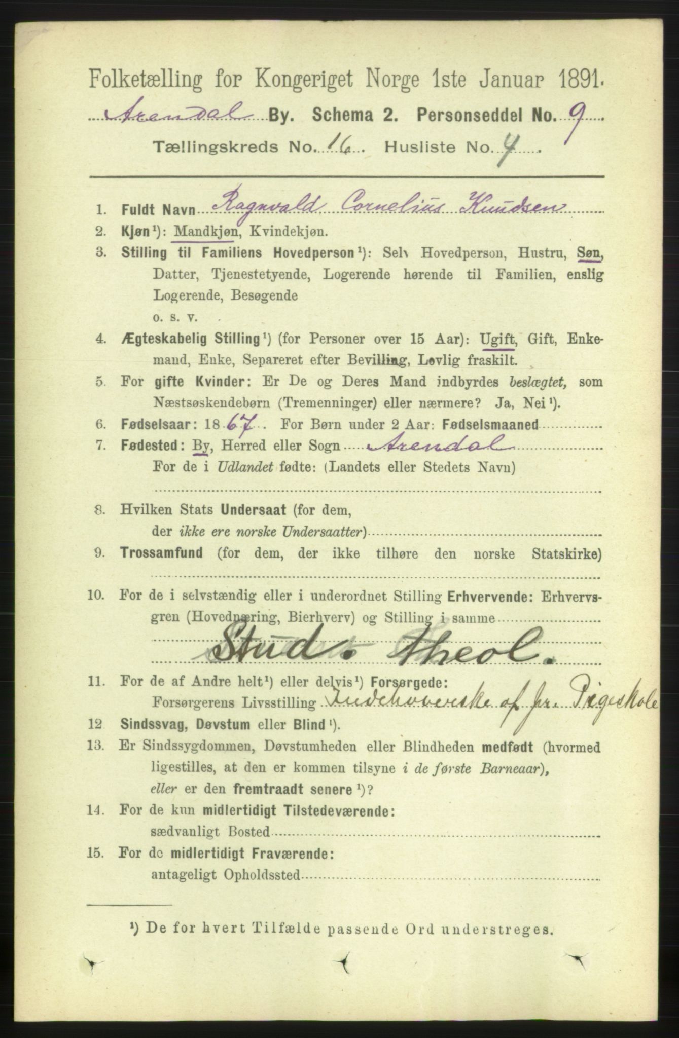 RA, 1891 census for 0903 Arendal, 1891, p. 5395