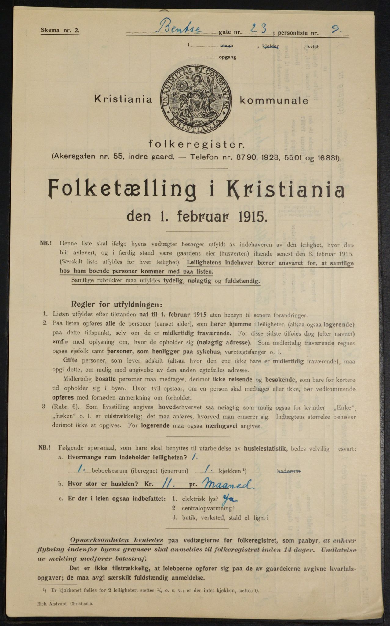 OBA, Municipal Census 1915 for Kristiania, 1915, p. 3737