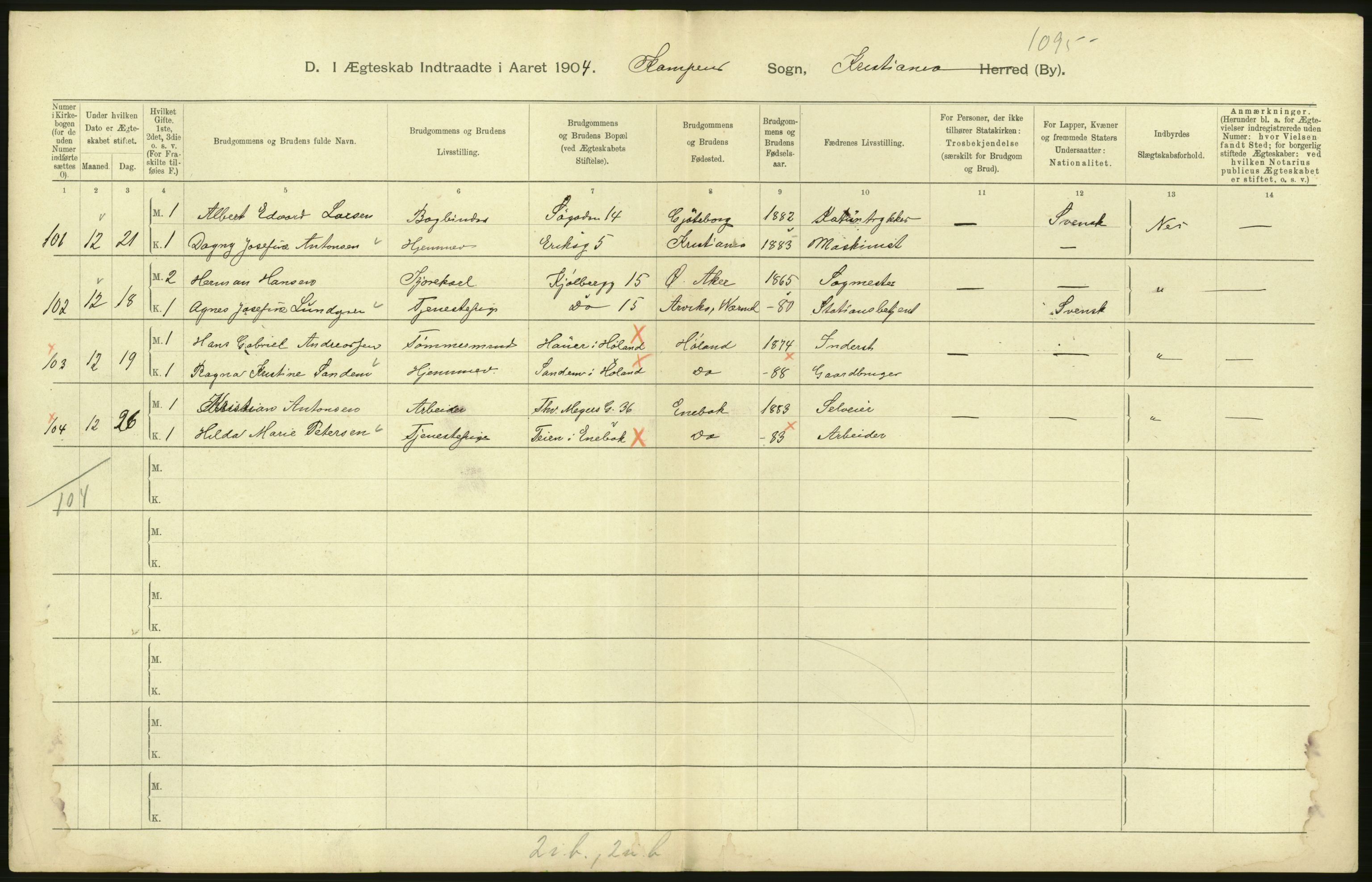 Statistisk sentralbyrå, Sosiodemografiske emner, Befolkning, AV/RA-S-2228/D/Df/Dfa/Dfab/L0004: Kristiania: Gifte, døde, 1904, p. 24