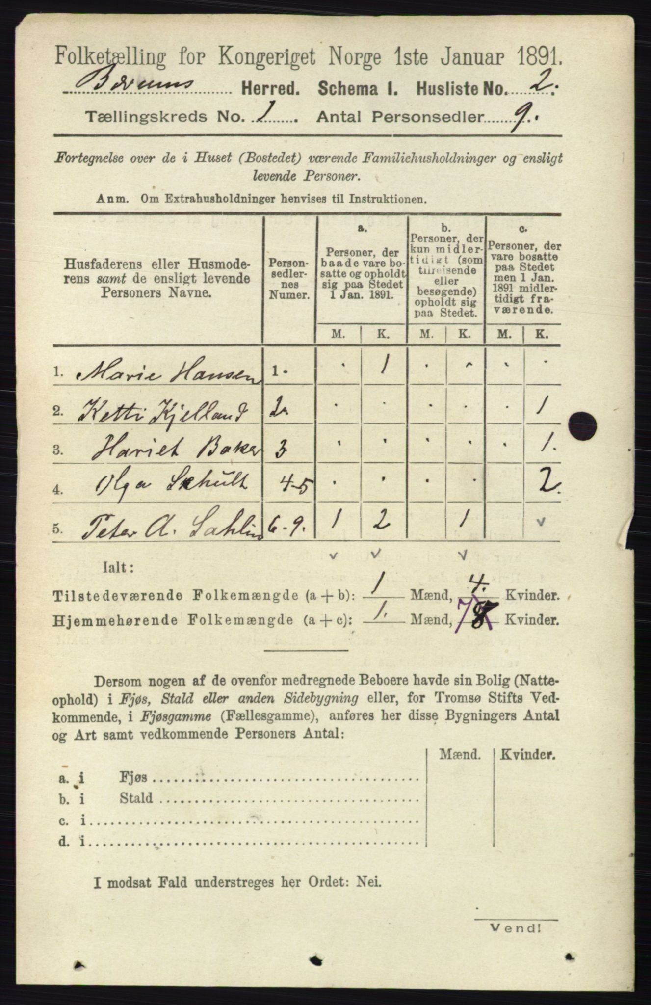 RA, 1891 census for 0219 Bærum, 1891, p. 43