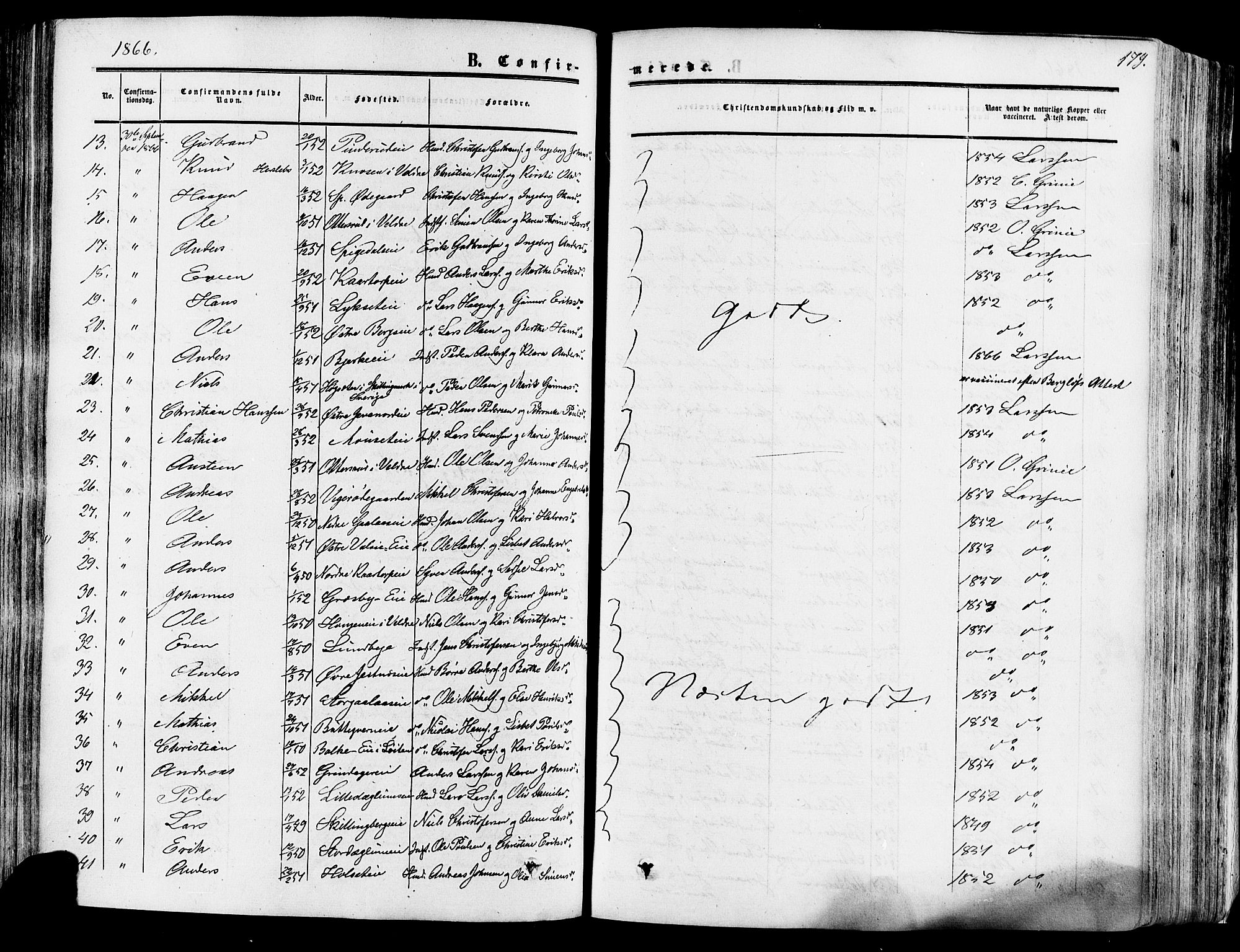 Vang prestekontor, Hedmark, SAH/PREST-008/H/Ha/Haa/L0013: Parish register (official) no. 13, 1855-1879, p. 179