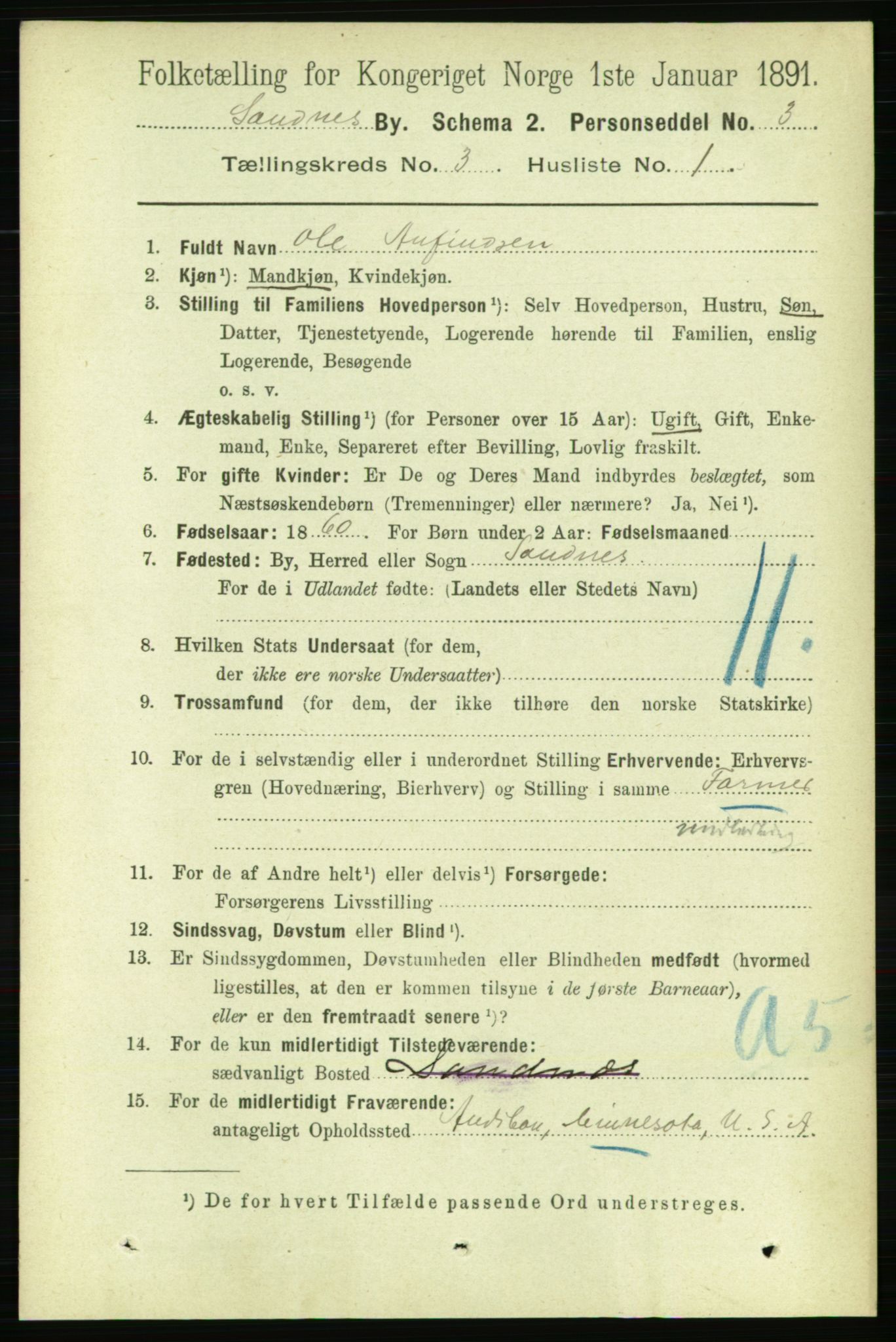 RA, 1891 census for 1102 Sandnes, 1891, p. 1464