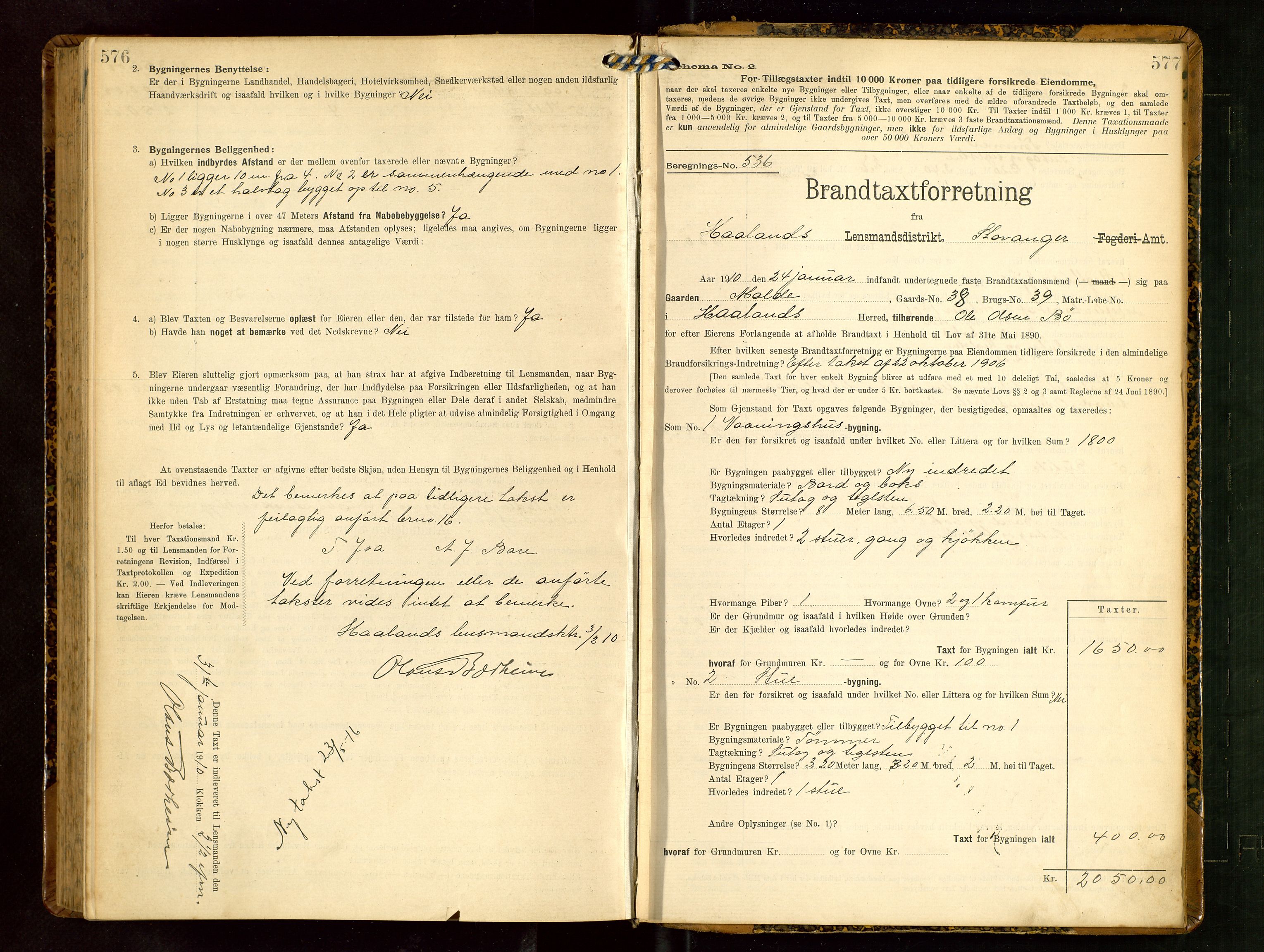 Håland lensmannskontor, AV/SAST-A-100100/Gob/L0003: Branntakstprotokoll - skjematakst. Register i boken., 1909-1910, p. 576-577