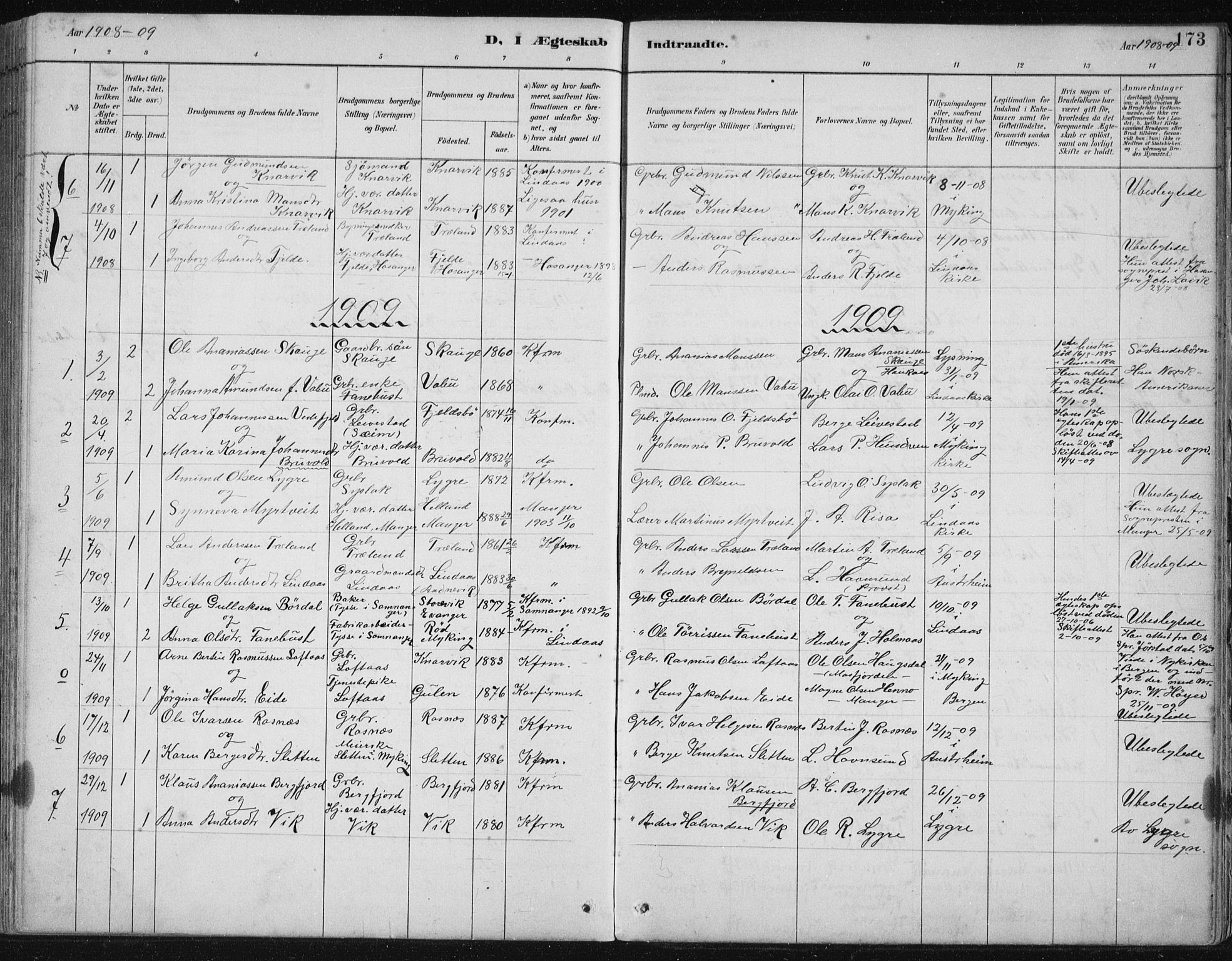 Lindås Sokneprestembete, SAB/A-76701/H/Hab: Parish register (copy) no. B 3, 1886-1914, p. 173