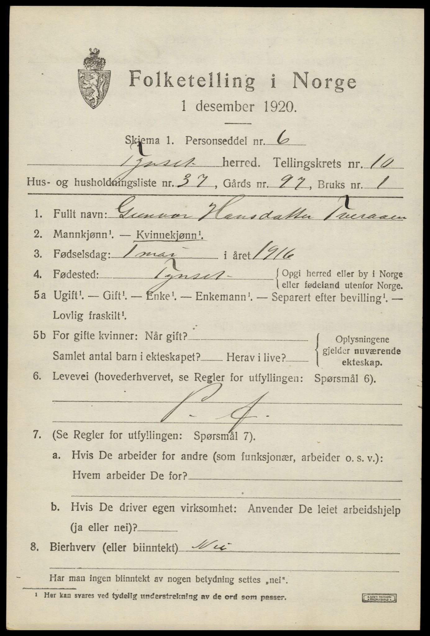 SAH, 1920 census for Tynset, 1920, p. 8010