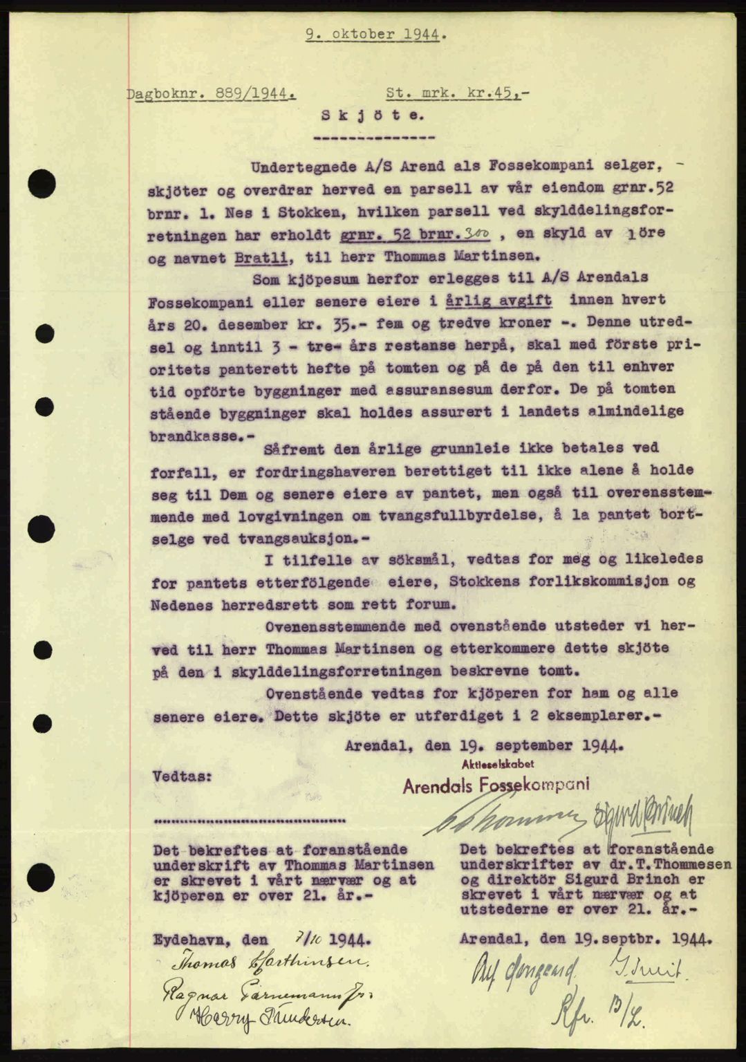 Nedenes sorenskriveri, SAK/1221-0006/G/Gb/Gba/L0052: Mortgage book no. A6a, 1944-1945, Diary no: : 889/1944