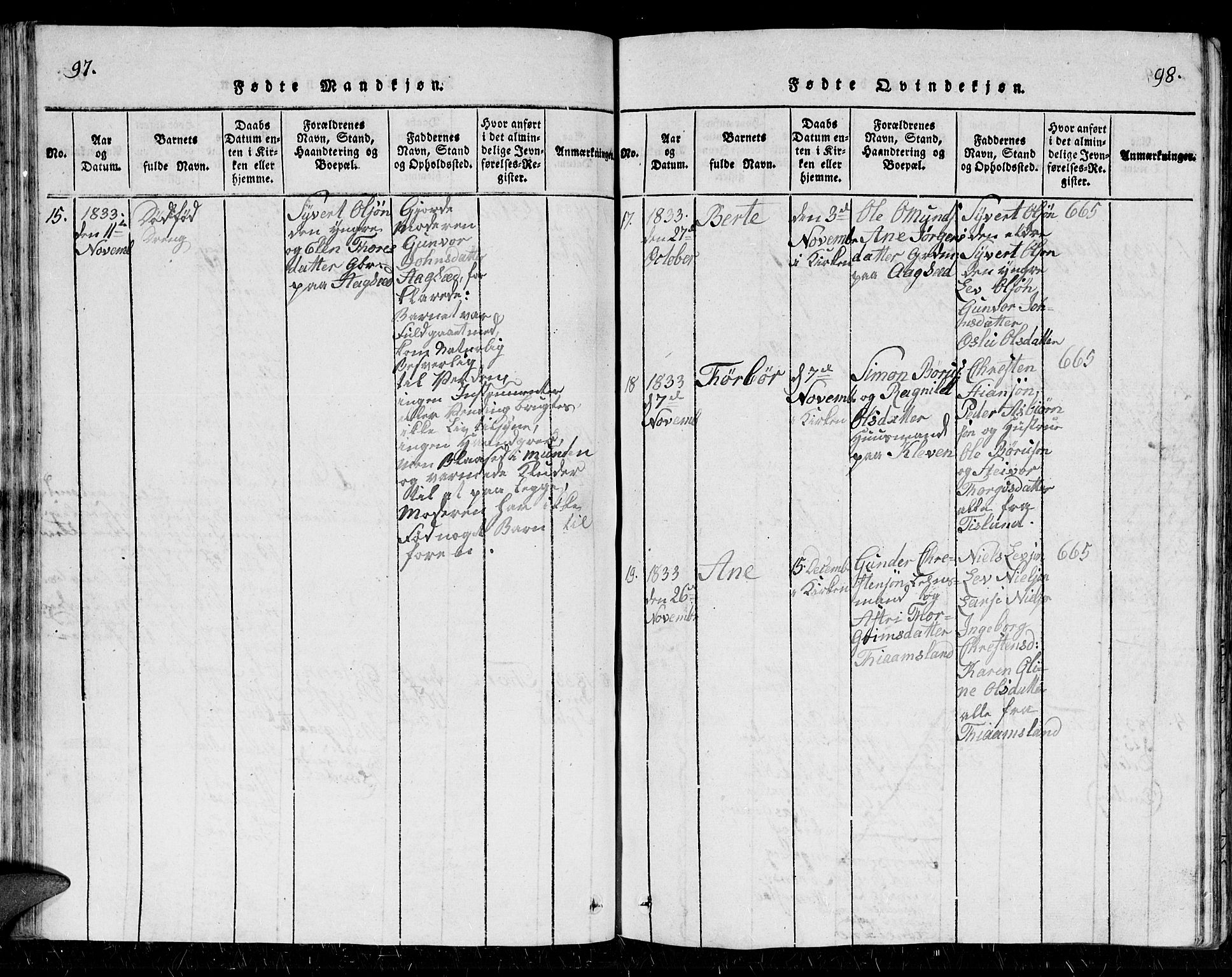 Holum sokneprestkontor, SAK/1111-0022/F/Fb/Fbb/L0001: Parish register (copy) no. B 1, 1820-1847, p. 97-98