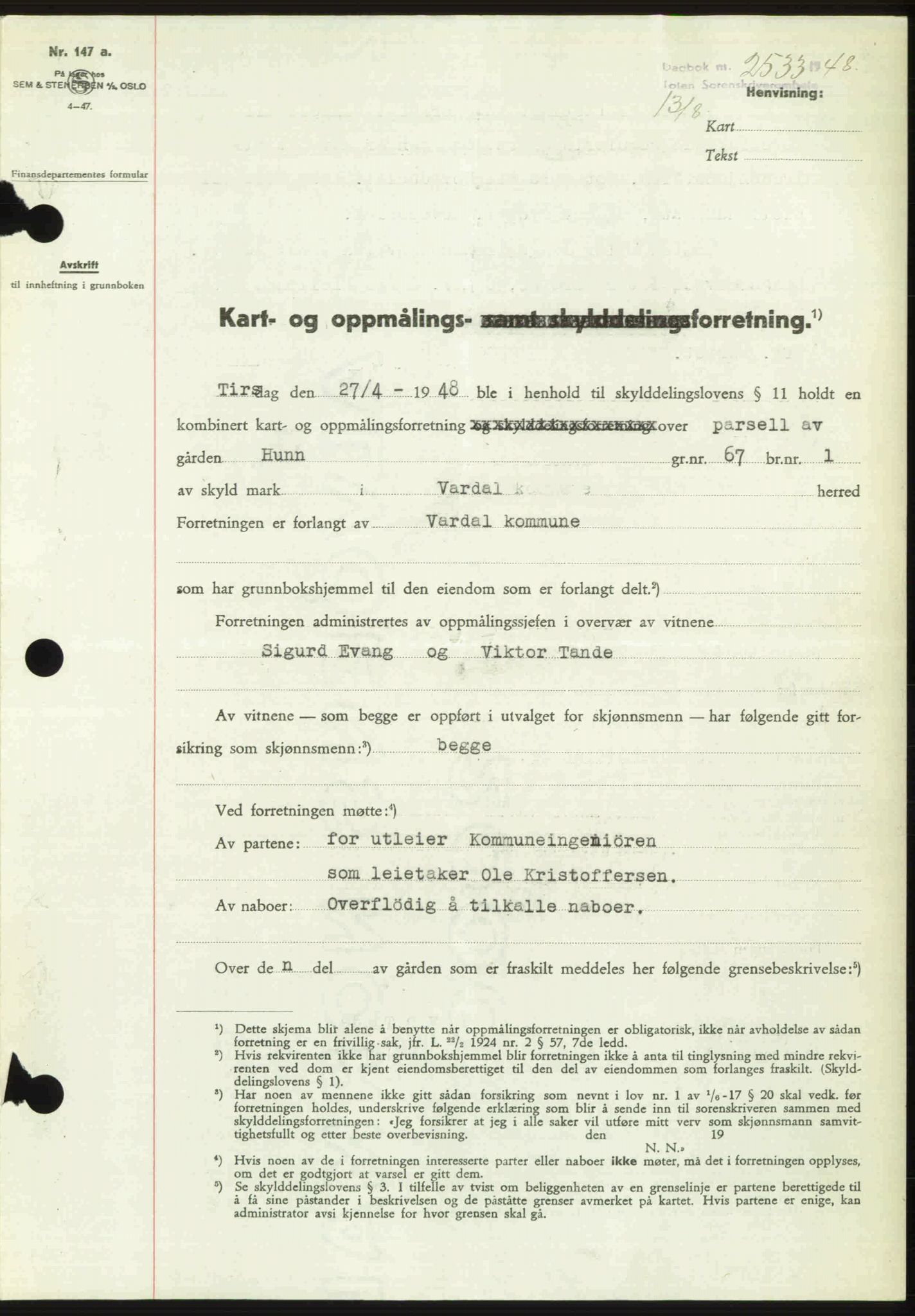 Toten tingrett, SAH/TING-006/H/Hb/Hbc/L0020: Mortgage book no. Hbc-20, 1948-1948, Diary no: : 2533/1948