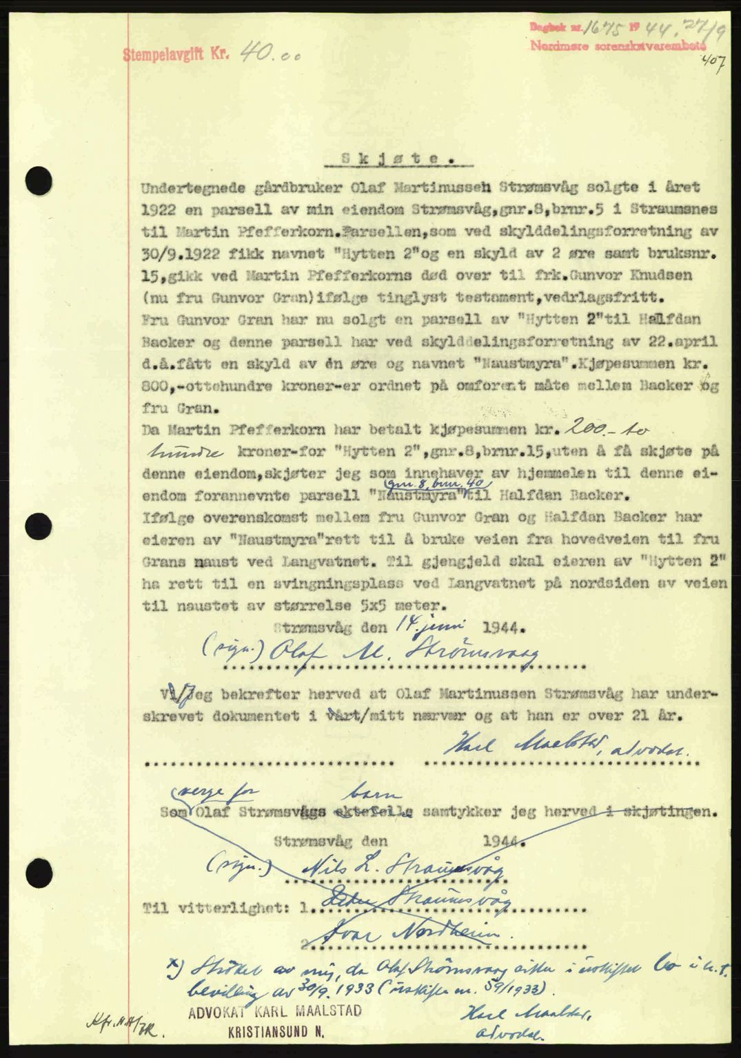 Nordmøre sorenskriveri, AV/SAT-A-4132/1/2/2Ca: Mortgage book no. A98, 1944-1944, Diary no: : 1675/1944