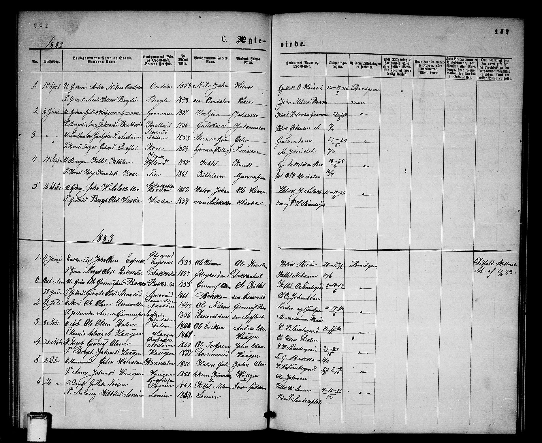 Gransherad kirkebøker, SAKO/A-267/G/Gb/L0002: Parish register (copy) no. II 2, 1860-1886, p. 157