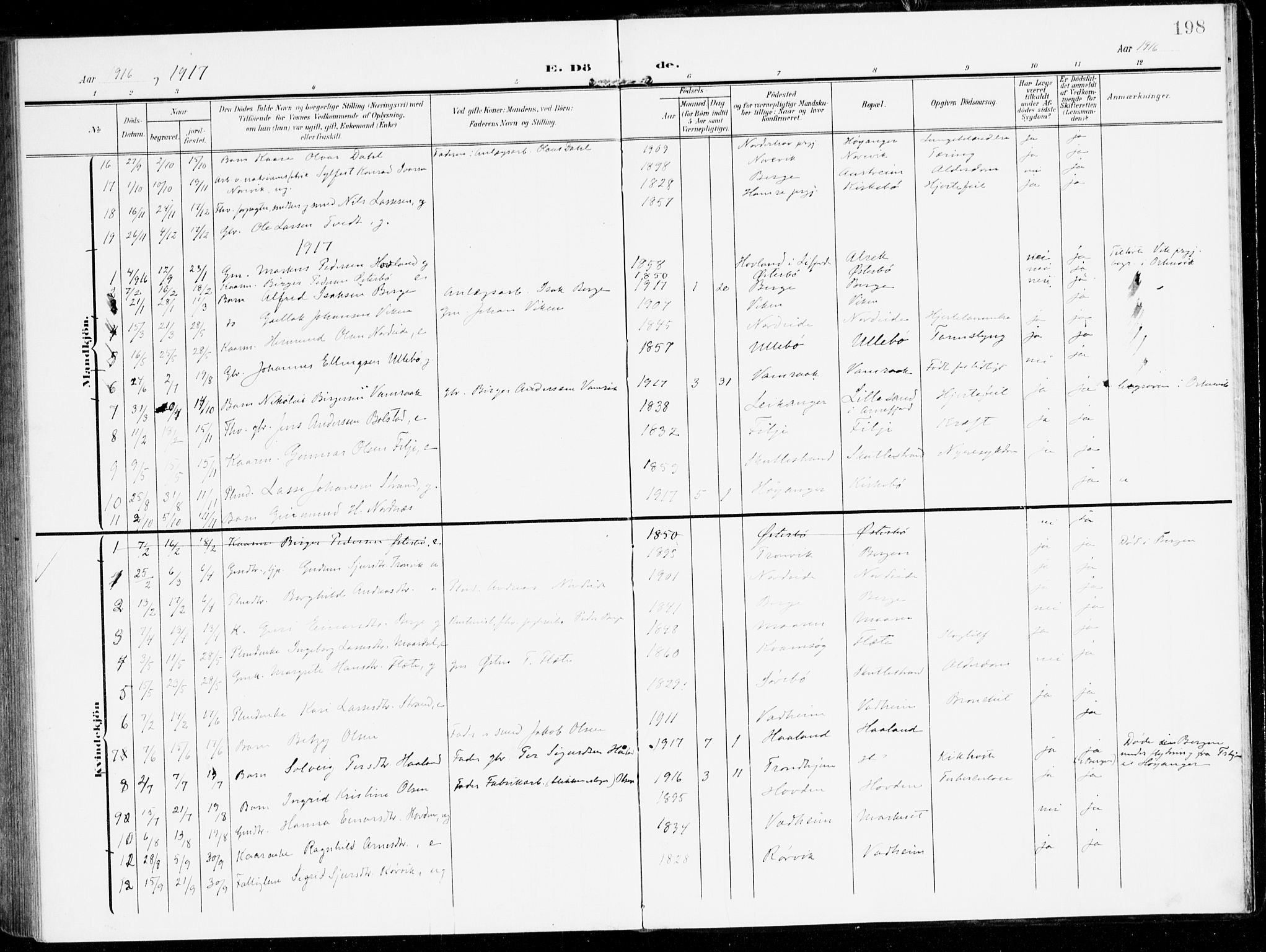 Lavik sokneprestembete, AV/SAB-A-80901: Parish register (official) no. C 2, 1904-1921, p. 198