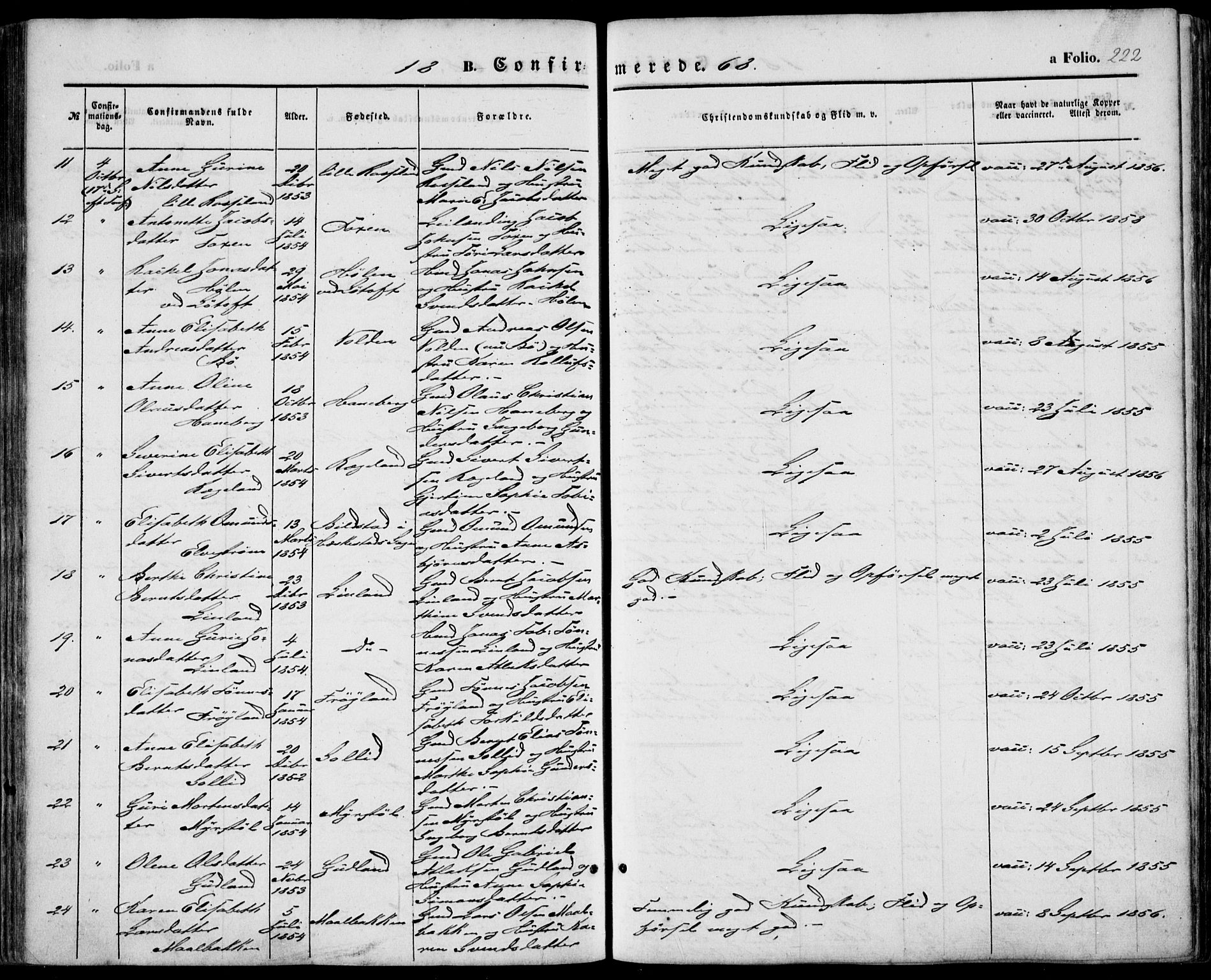 Sokndal sokneprestkontor, AV/SAST-A-101808: Parish register (official) no. A 9, 1857-1874, p. 222