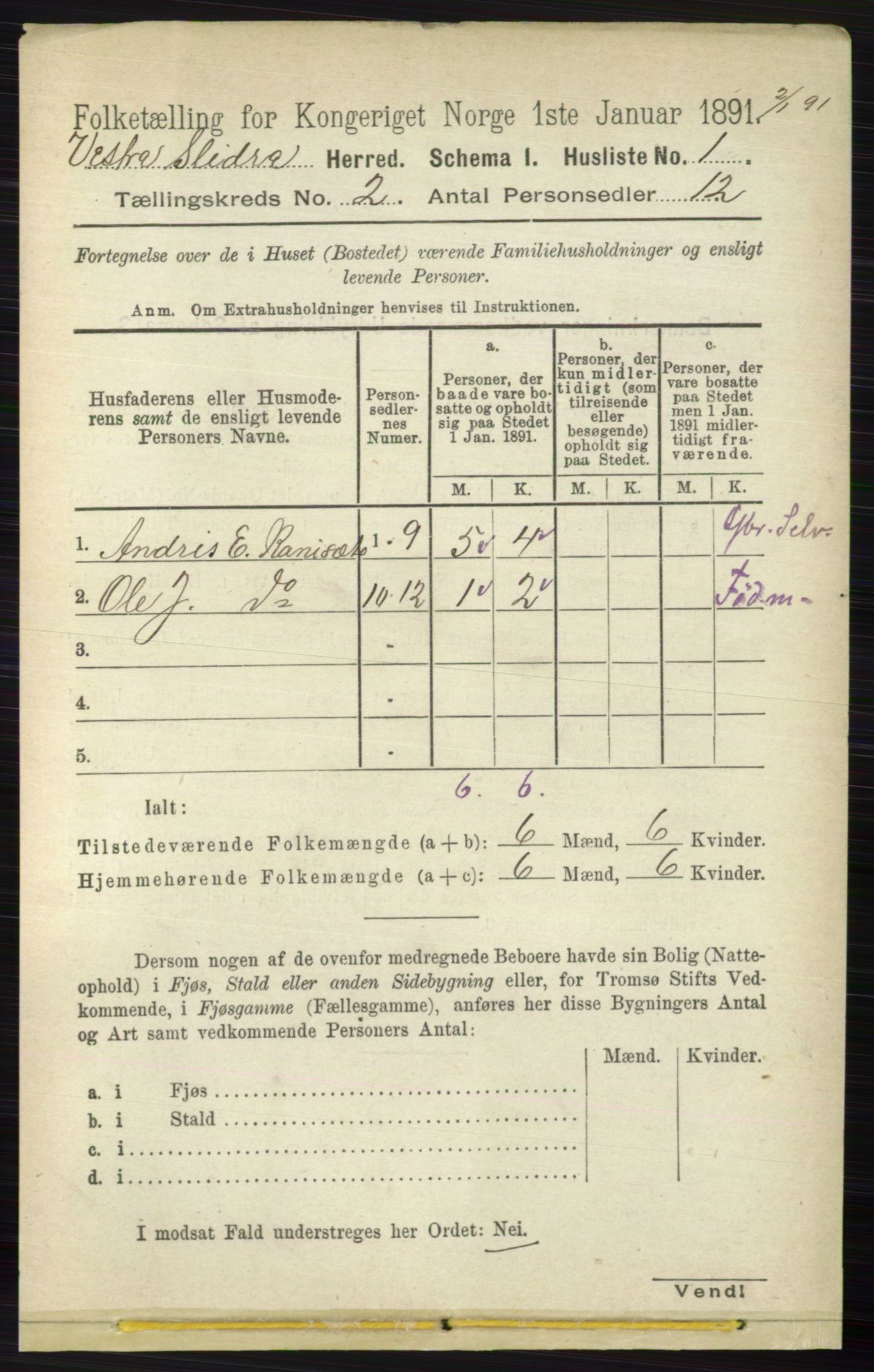 RA, 1891 census for 0543 Vestre Slidre, 1891, p. 459