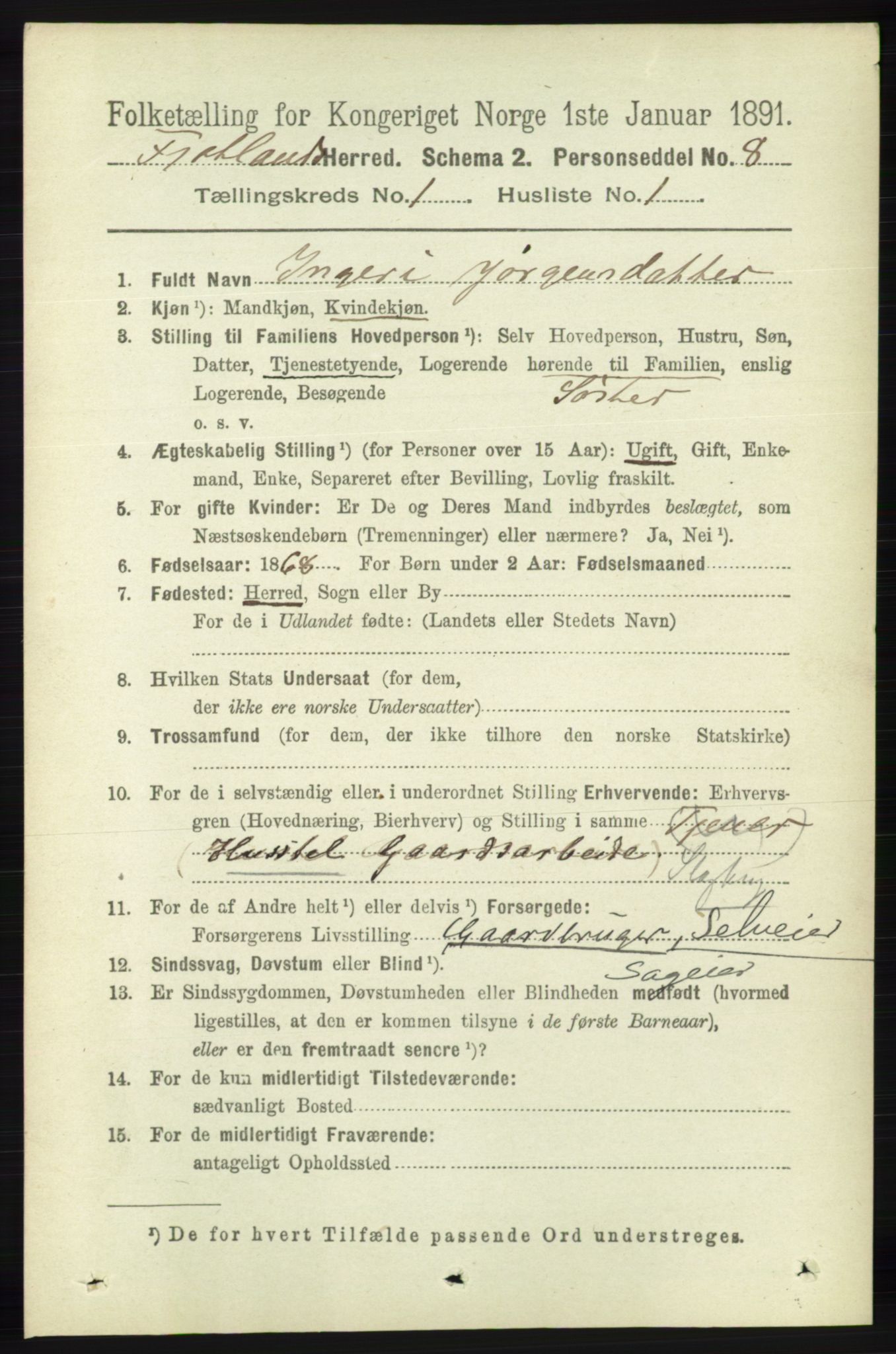 RA, 1891 census for 1036 Fjotland, 1891, p. 58