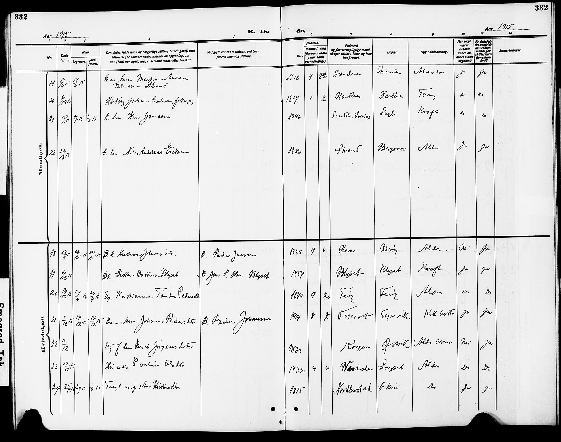 Ministerialprotokoller, klokkerbøker og fødselsregistre - Nordland, AV/SAT-A-1459/838/L0560: Parish register (copy) no. 838C07, 1910-1928, p. 332