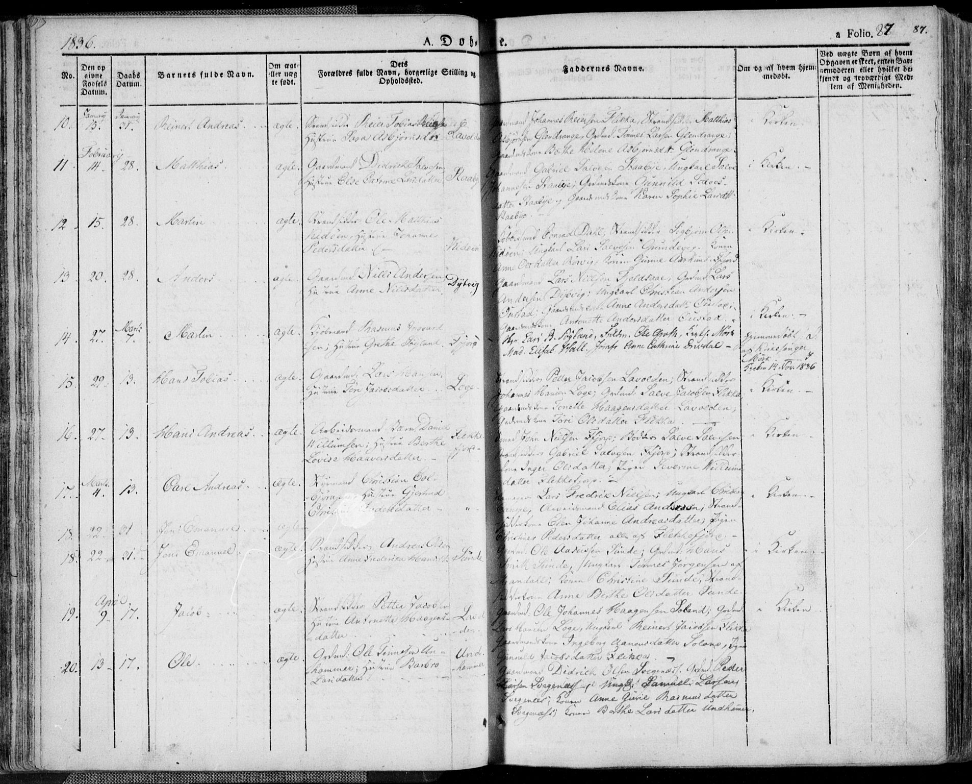 Flekkefjord sokneprestkontor, AV/SAK-1111-0012/F/Fa/Fac/L0003: Parish register (official) no. A 3, 1826-1841, p. 87