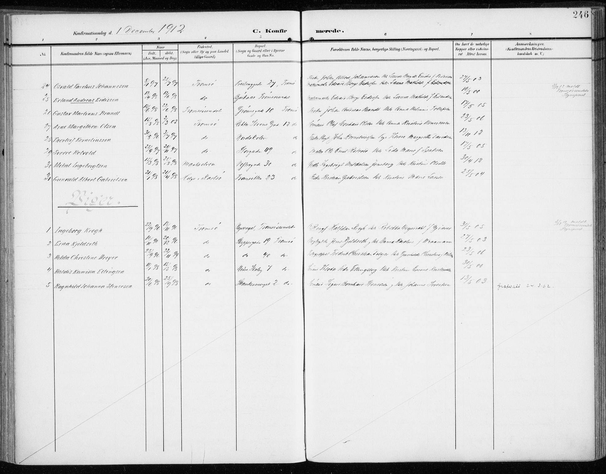 Tromsø sokneprestkontor/stiftsprosti/domprosti, AV/SATØ-S-1343/G/Ga/L0017kirke: Parish register (official) no. 17, 1907-1917, p. 246