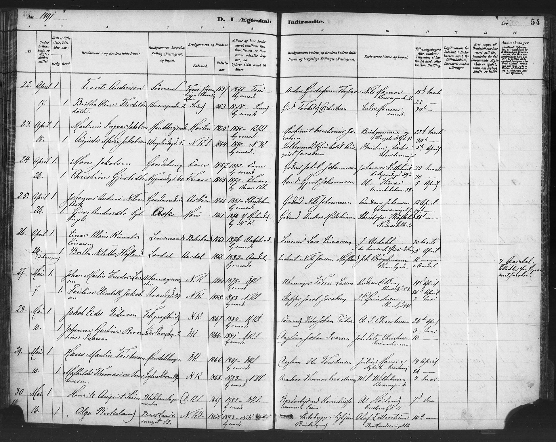 Nykirken Sokneprestembete, SAB/A-77101/H/Haa/L0033: Parish register (official) no. D 3, 1884-1895, p. 54