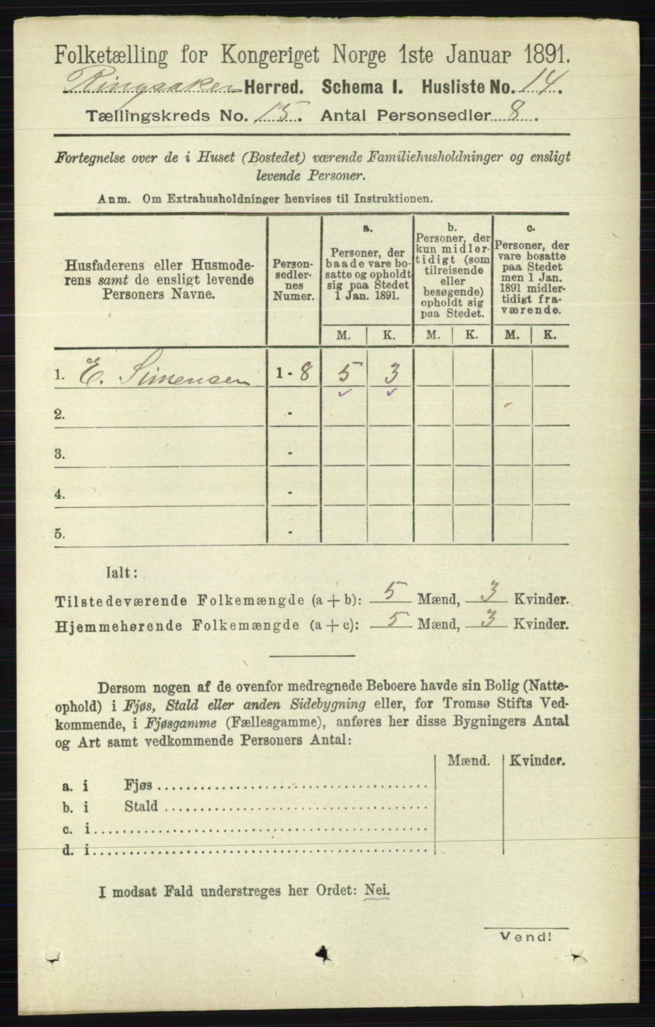 RA, 1891 census for 0412 Ringsaker, 1891, p. 8411