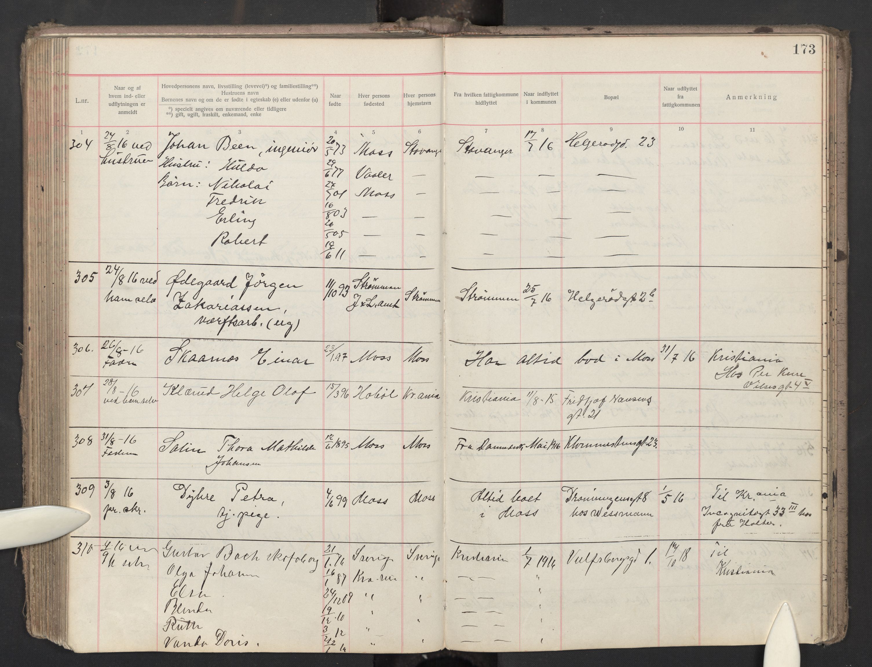 Moss folkeregister, AV/SAO-A-10020/J/L0003: Inn- og utflyttede i Moss fattigkommune, 1913-1917, p. 173