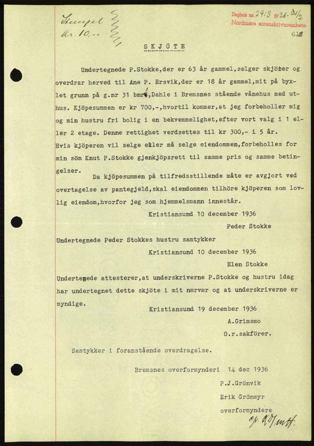 Nordmøre sorenskriveri, AV/SAT-A-4132/1/2/2Ca: Mortgage book no. A80, 1936-1937, Diary no: : 2913/1936