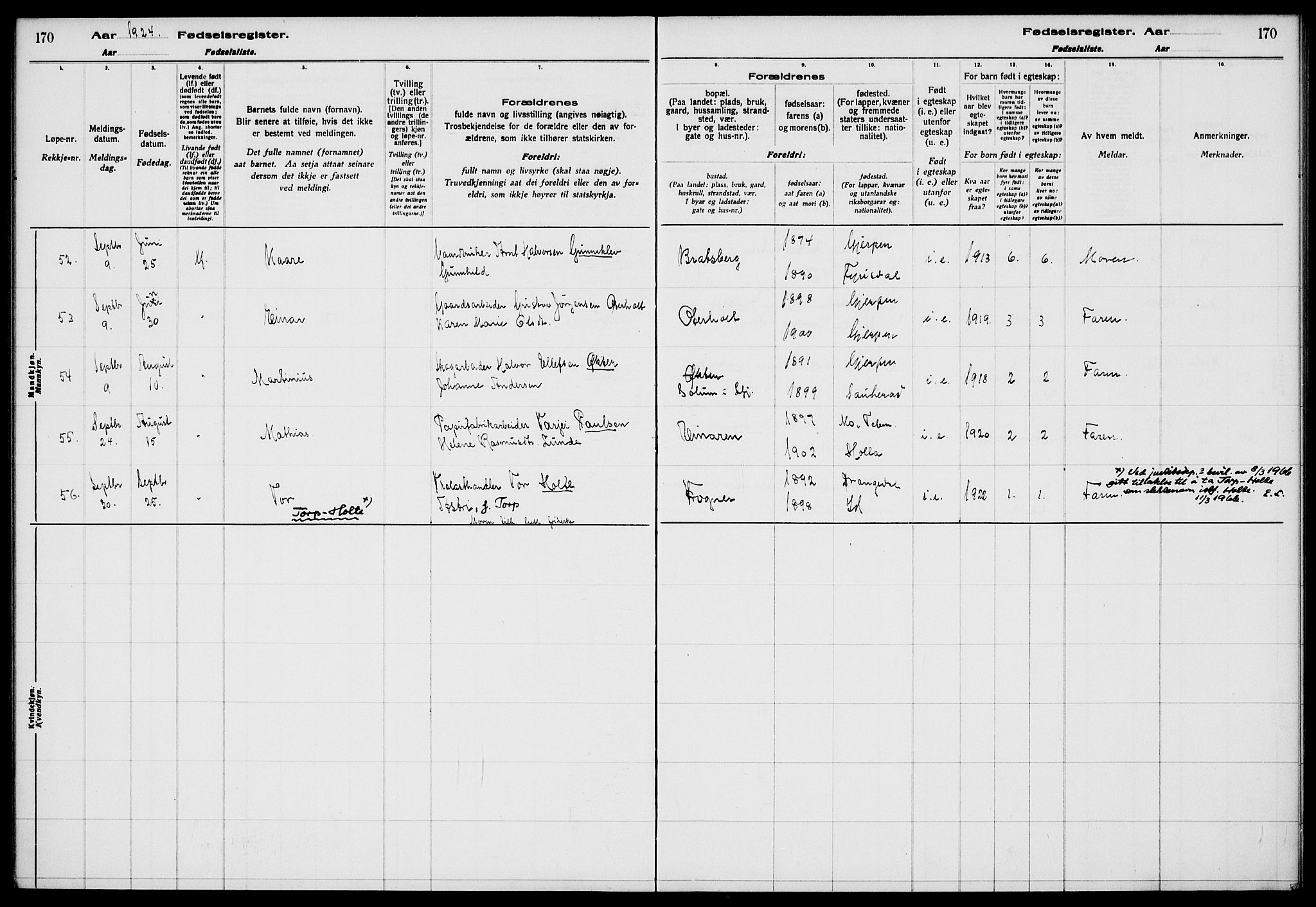 Gjerpen kirkebøker, AV/SAKO-A-265/J/Ja/L0001: Birth register no. I 1, 1916-1926, p. 170