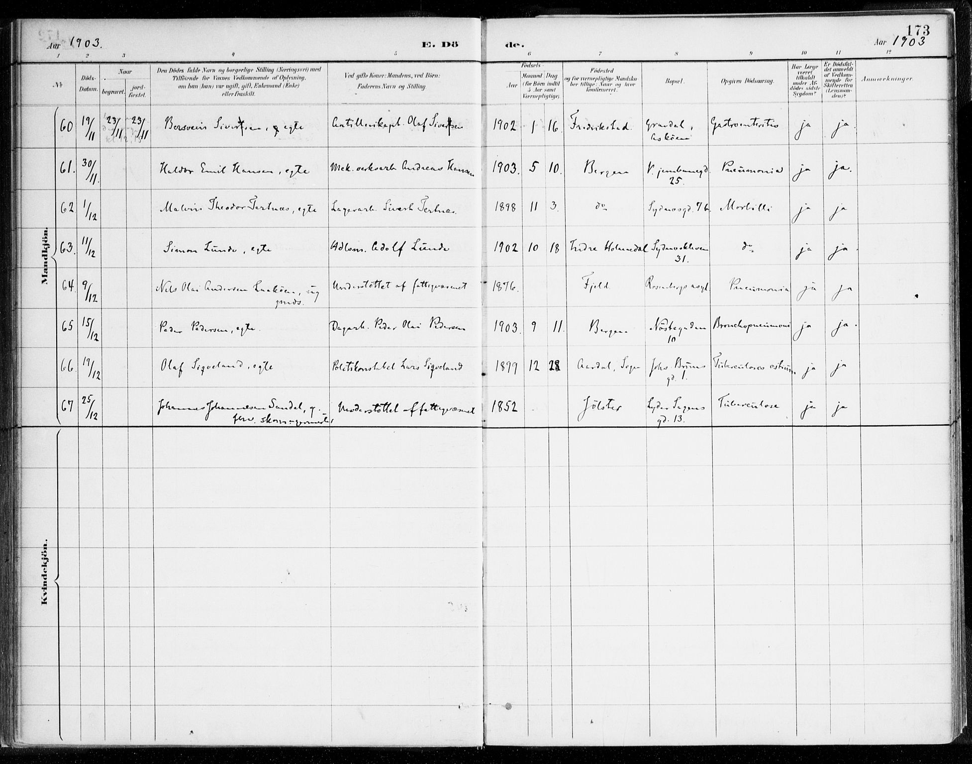 Johanneskirken sokneprestembete, AV/SAB-A-76001/H/Haa/L0019: Parish register (official) no. E 1, 1885-1915, p. 173