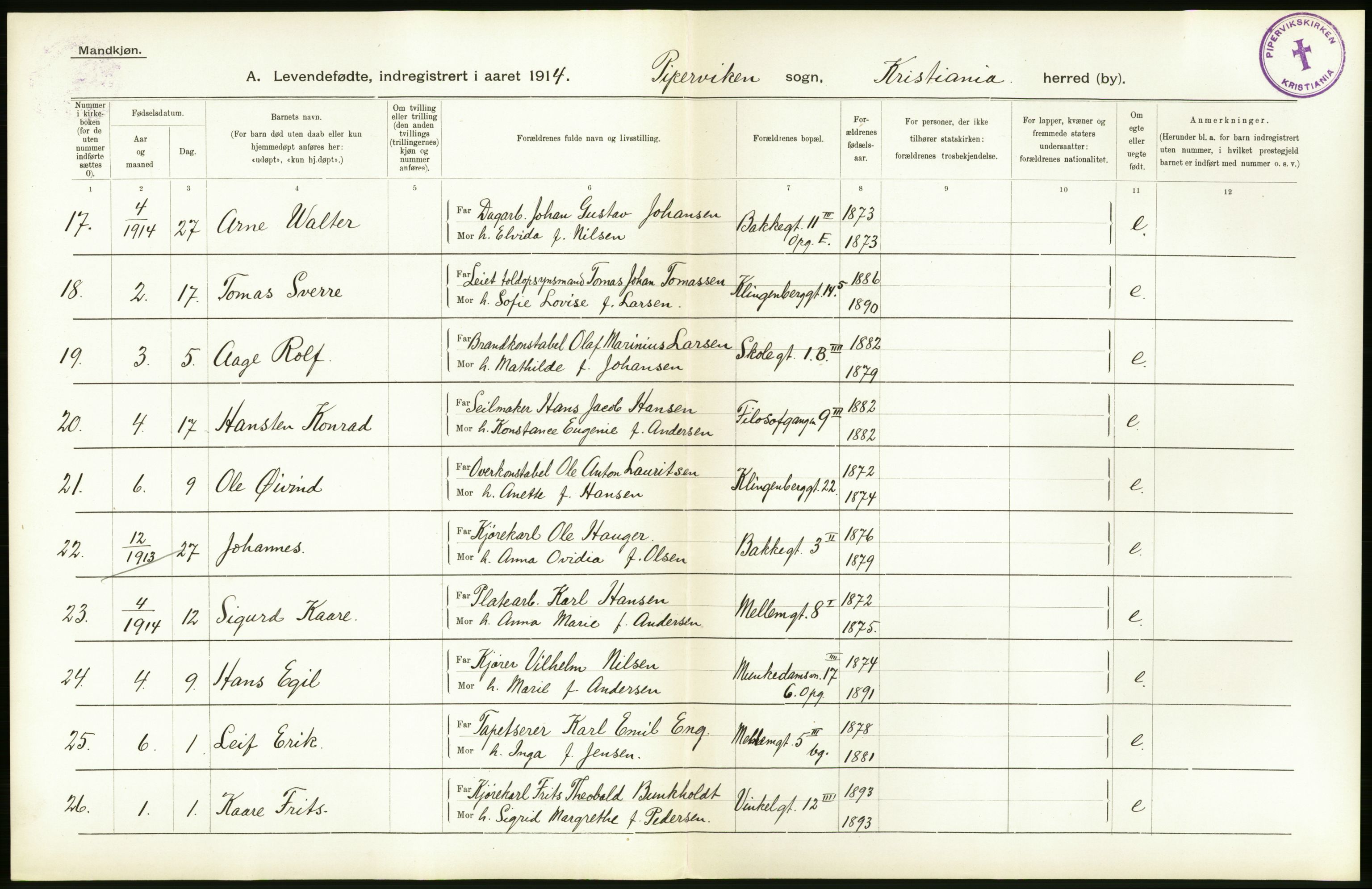 Statistisk sentralbyrå, Sosiodemografiske emner, Befolkning, AV/RA-S-2228/D/Df/Dfb/Dfbd/L0005: Kristiania: Levendefødte menn og kvinner., 1914, p. 8