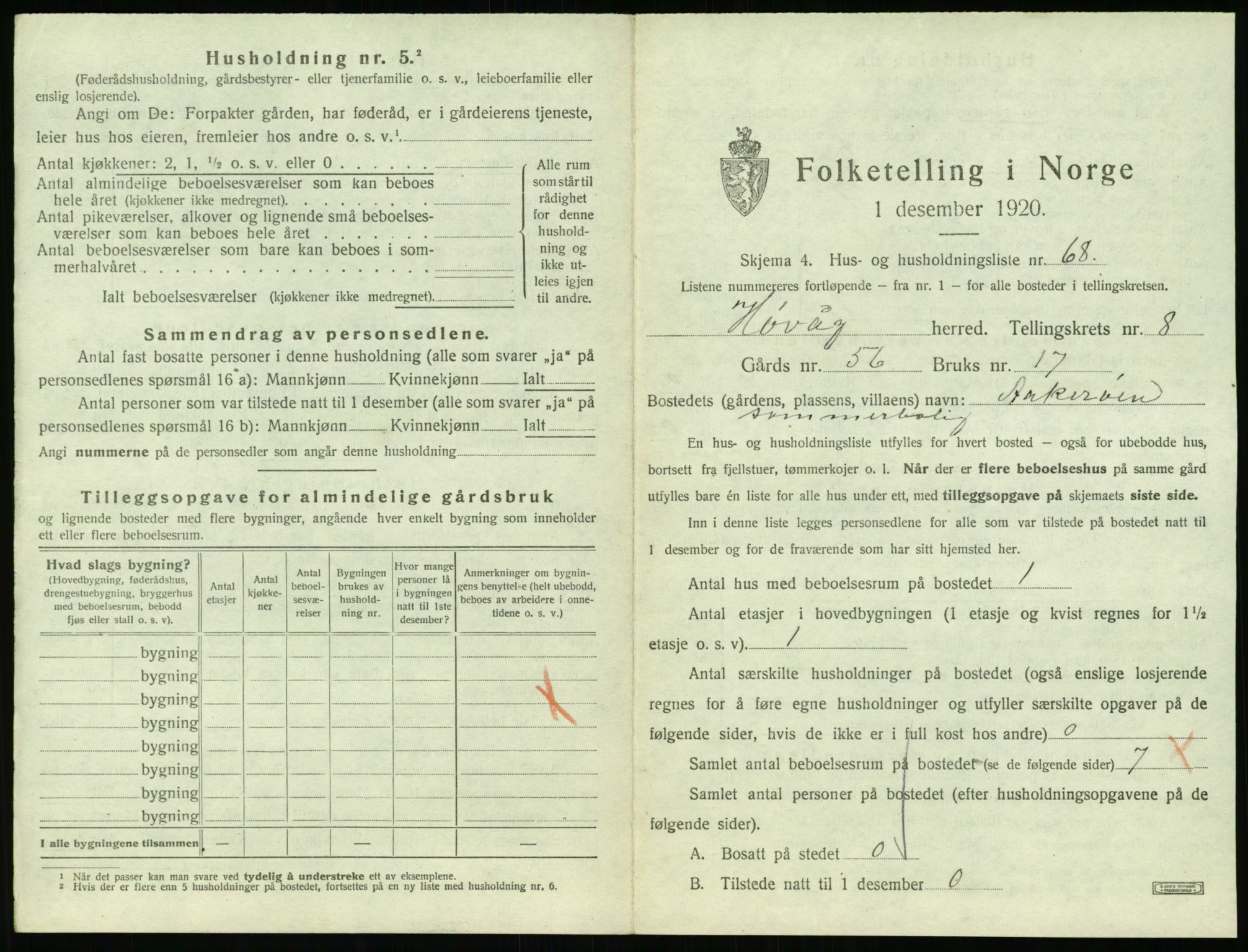 SAK, 1920 census for Høvåg, 1920, p. 876