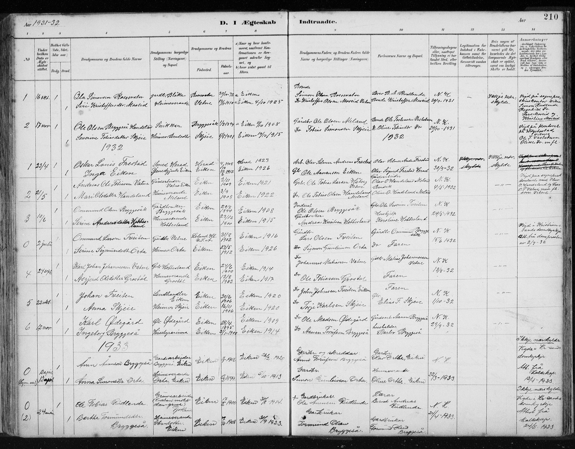 Hægebostad sokneprestkontor, SAK/1111-0024/F/Fb/Fbb/L0003: Parish register (copy) no. B 3, 1887-1937, p. 210