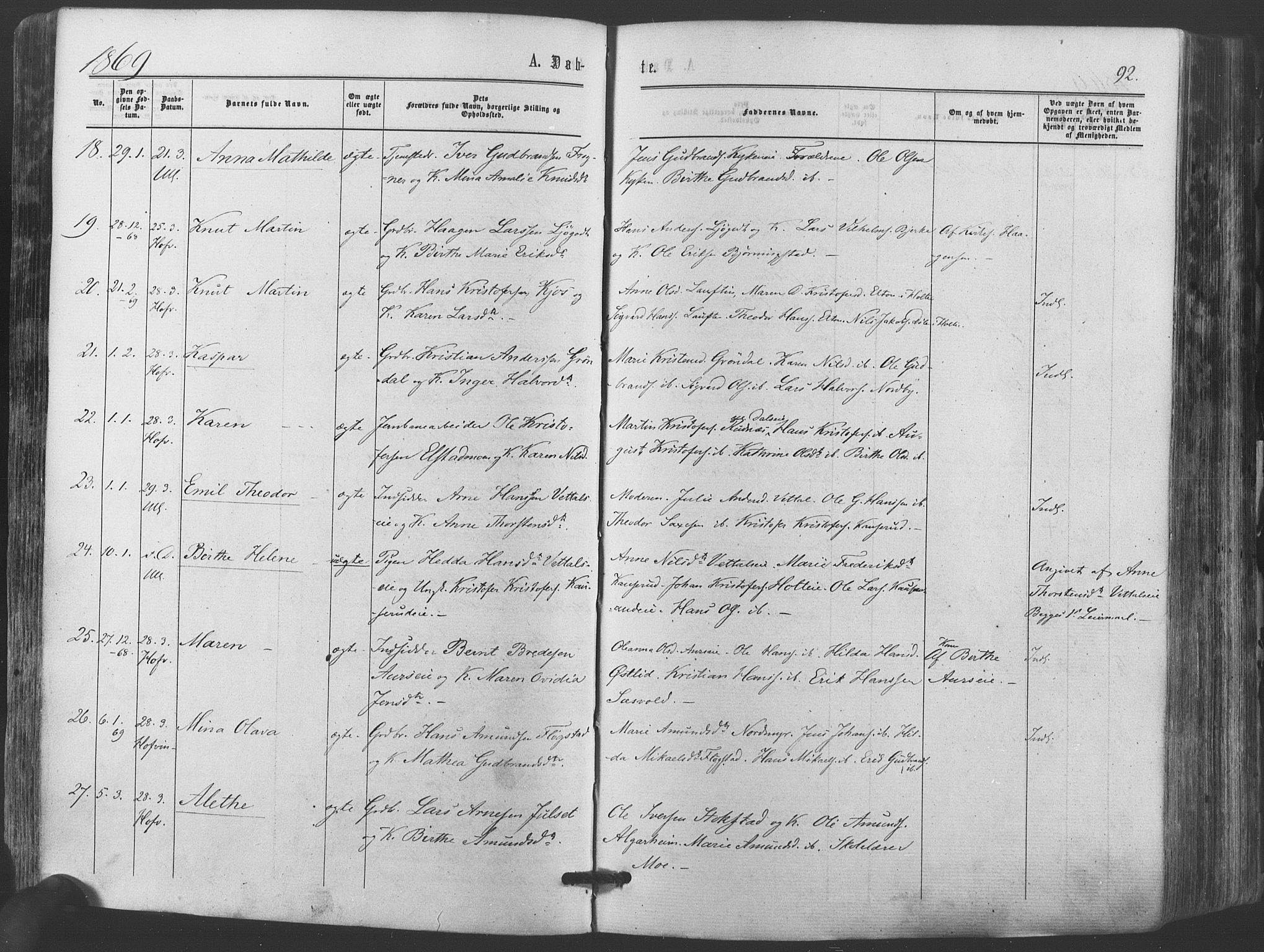 Ullensaker prestekontor Kirkebøker, AV/SAO-A-10236a/F/Fa/L0016: Parish register (official) no. I 16, 1863-1875, p. 92