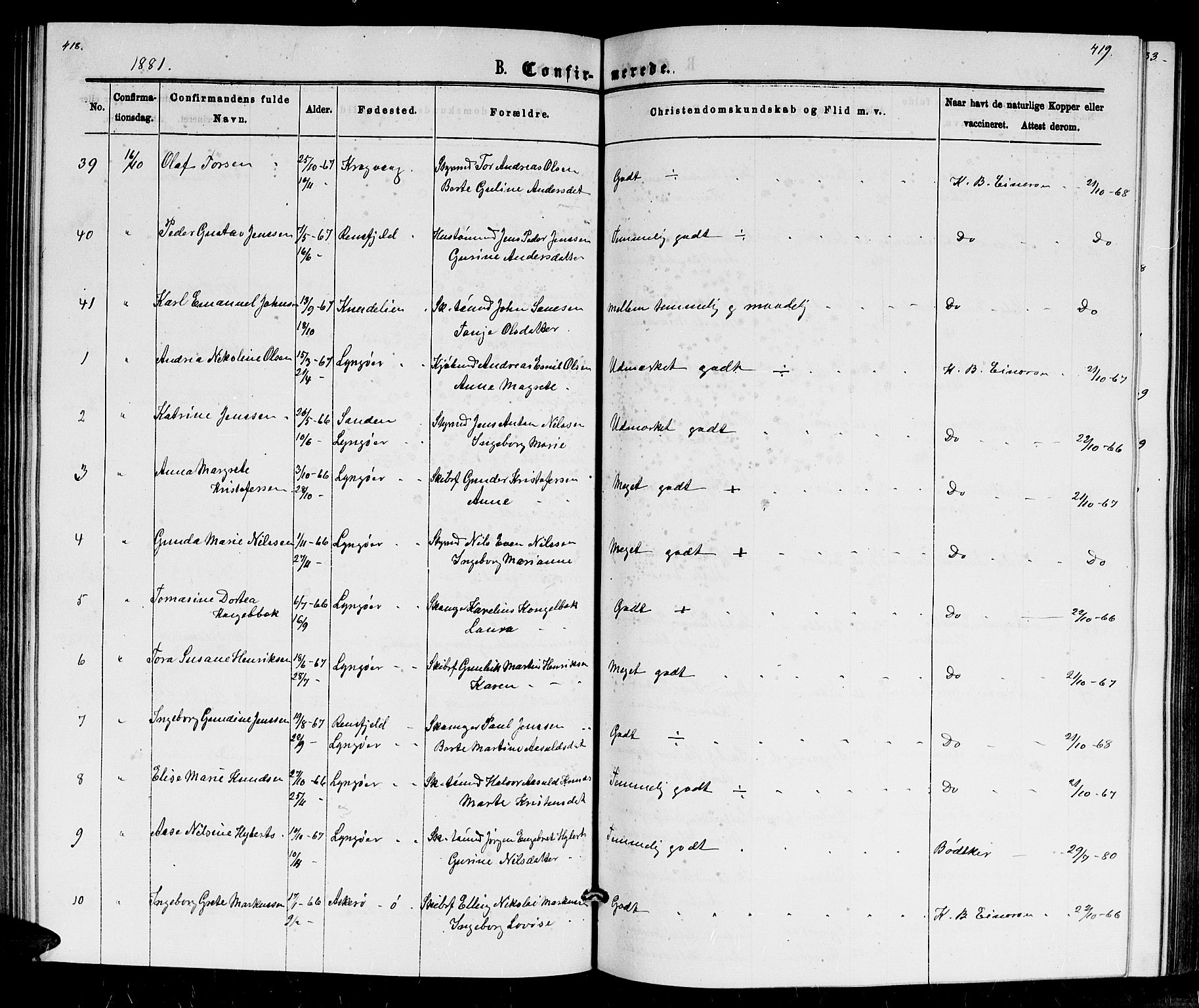 Dypvåg sokneprestkontor, AV/SAK-1111-0007/F/Fb/Fba/L0012: Parish register (copy) no. B 12, 1872-1886, p. 418-419