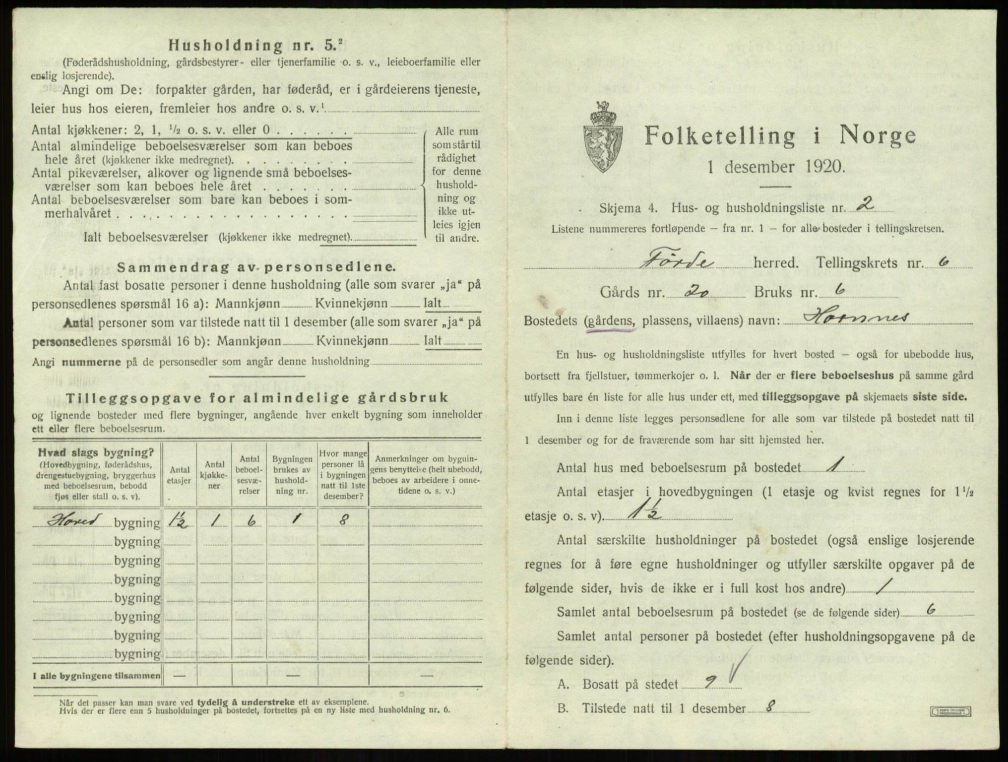 SAB, 1920 census for Førde, 1920, p. 277