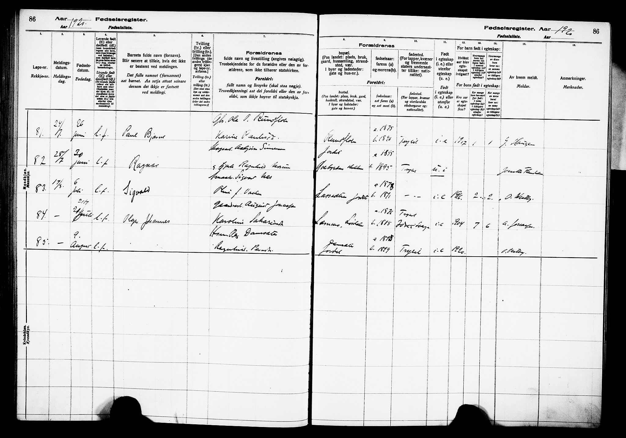 Trysil prestekontor, AV/SAH-PREST-046/I/Id/Ida/L0001: Birth register no. I 1, 1916-1927, p. 86