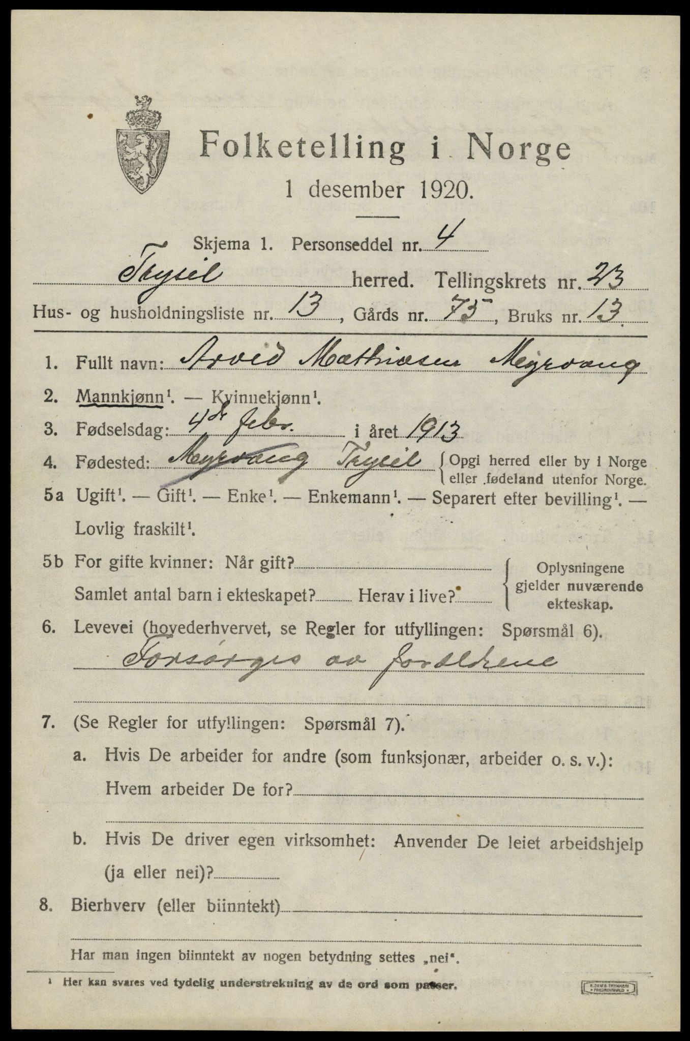 SAH, 1920 census for Trysil, 1920, p. 14987