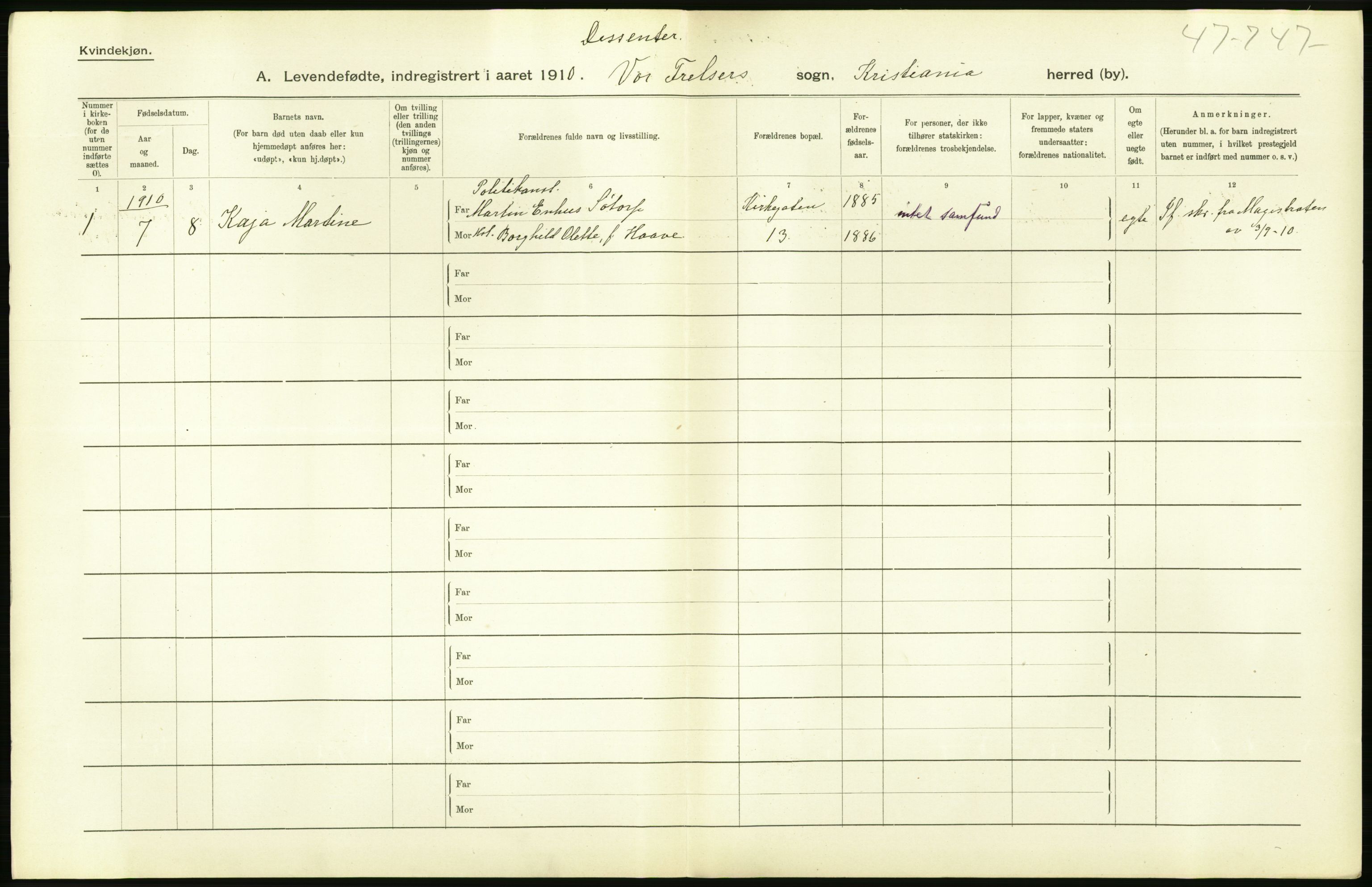 Statistisk sentralbyrå, Sosiodemografiske emner, Befolkning, RA/S-2228/D/Df/Dfa/Dfah/L0007: Kristiania: Levendefødte kvinner., 1910, p. 206