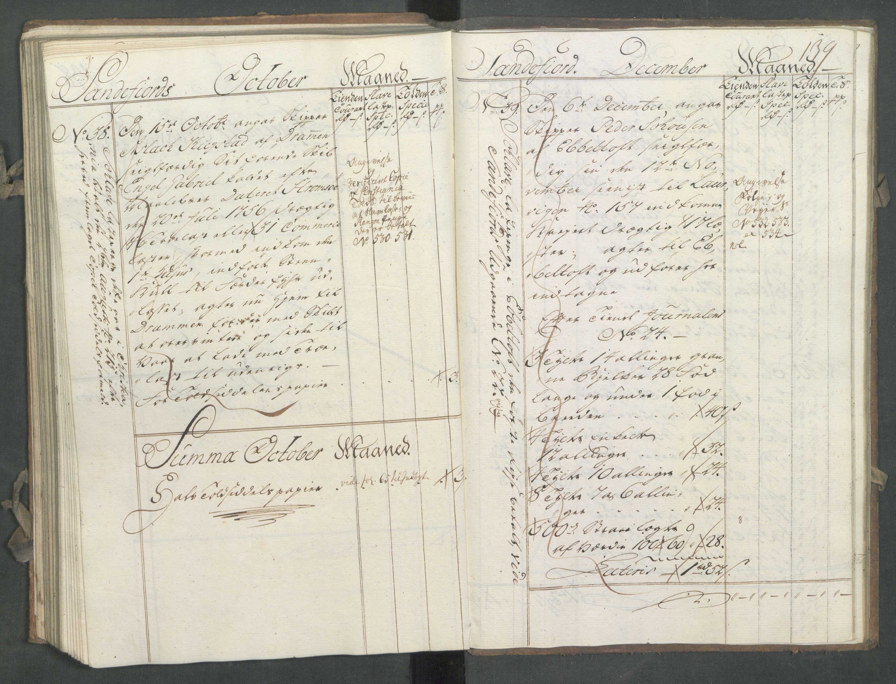 Generaltollkammeret, tollregnskaper, AV/RA-EA-5490/R11/L0027/0001: Tollregnskaper Larvik og Sandefjord / Utgående hovedtollbok, 1756, p. 138b-139a