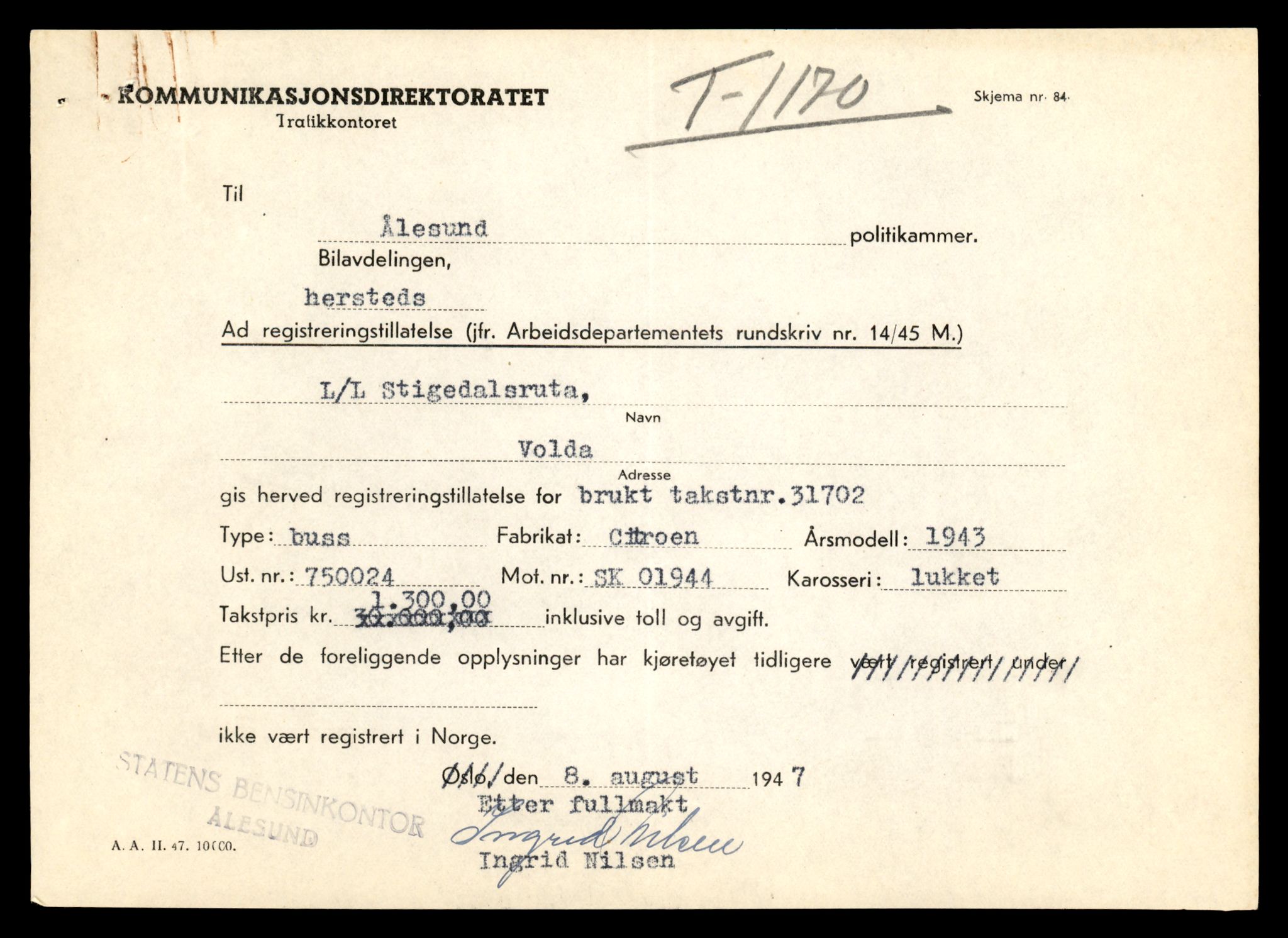 Møre og Romsdal vegkontor - Ålesund trafikkstasjon, SAT/A-4099/F/Fe/L0011: Registreringskort for kjøretøy T 1170 - T 1289, 1927-1998, p. 5