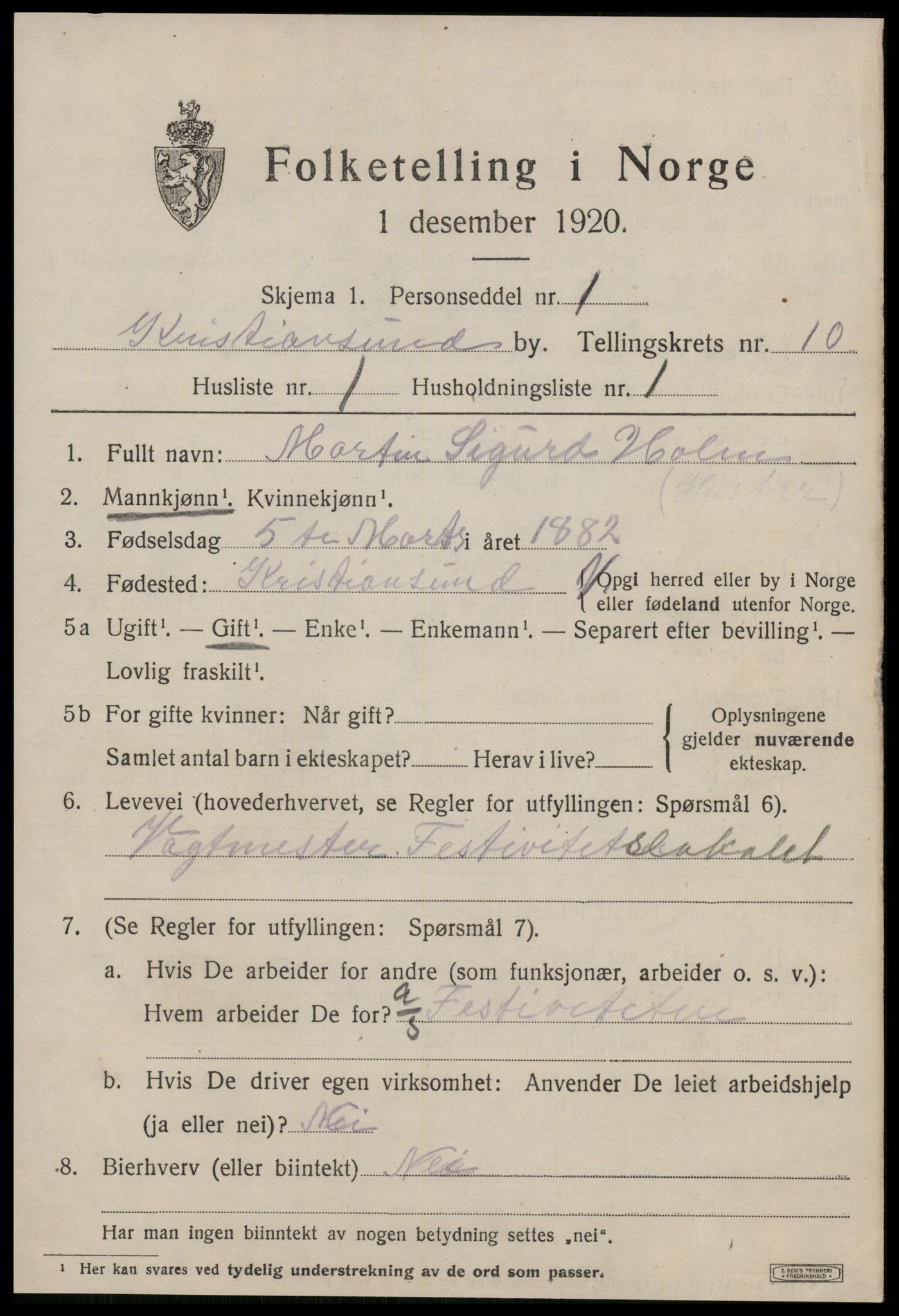 SAT, 1920 census for Kristiansund, 1920, p. 22621