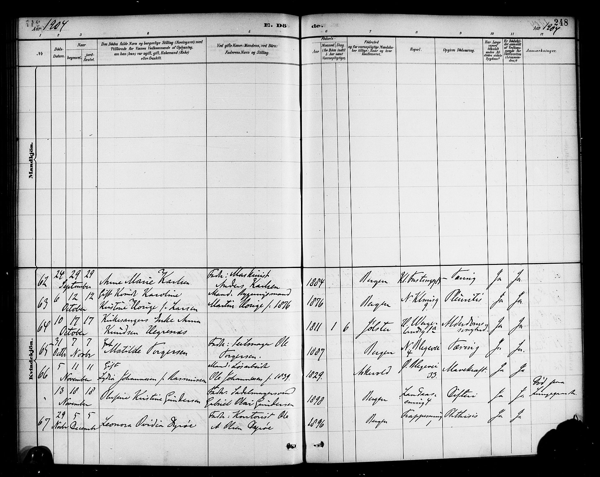 Korskirken sokneprestembete, SAB/A-76101/H/Haa/L0047: Parish register (official) no. E 5, 1884-1910, p. 248