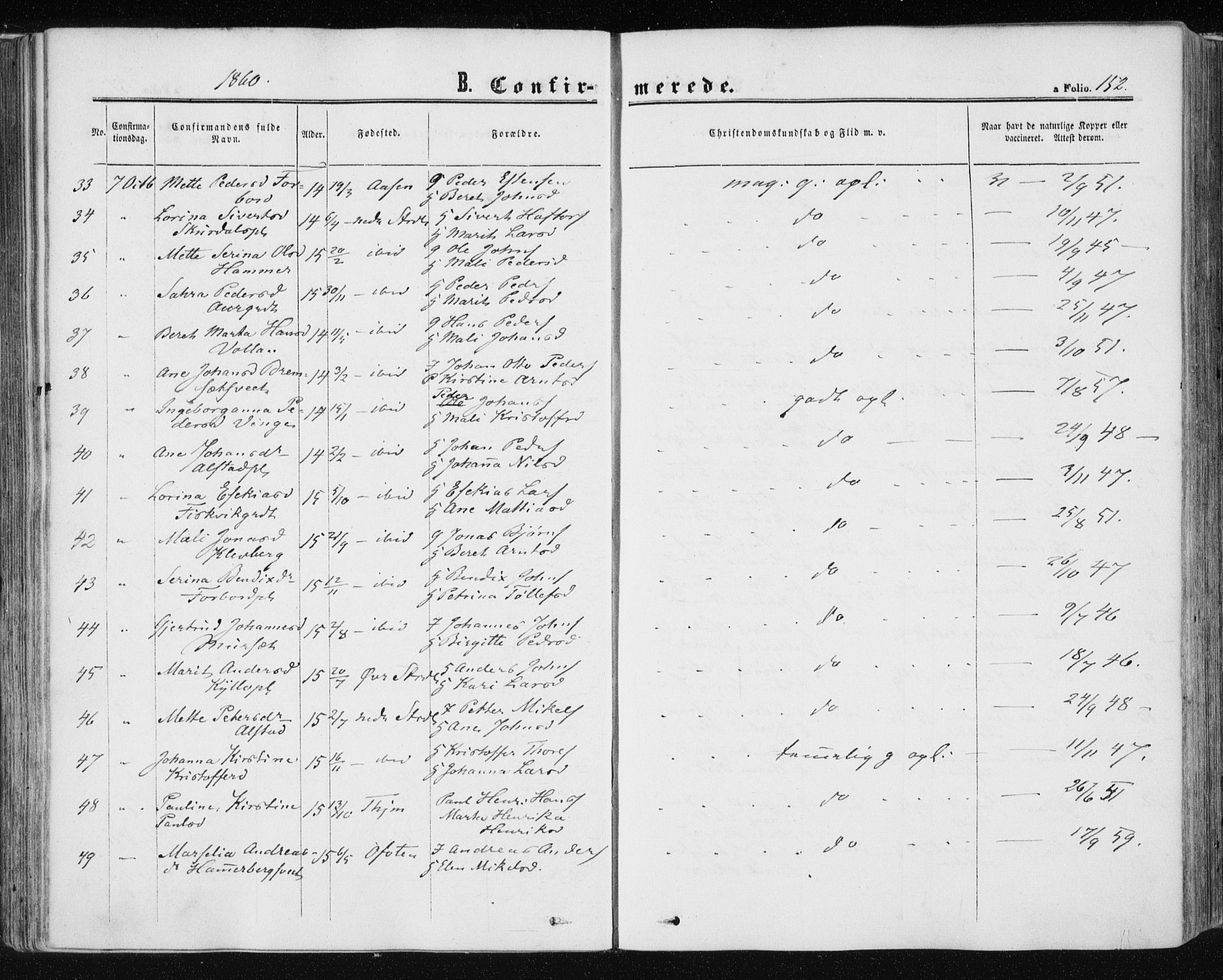 Ministerialprotokoller, klokkerbøker og fødselsregistre - Nord-Trøndelag, SAT/A-1458/709/L0075: Parish register (official) no. 709A15, 1859-1870, p. 152