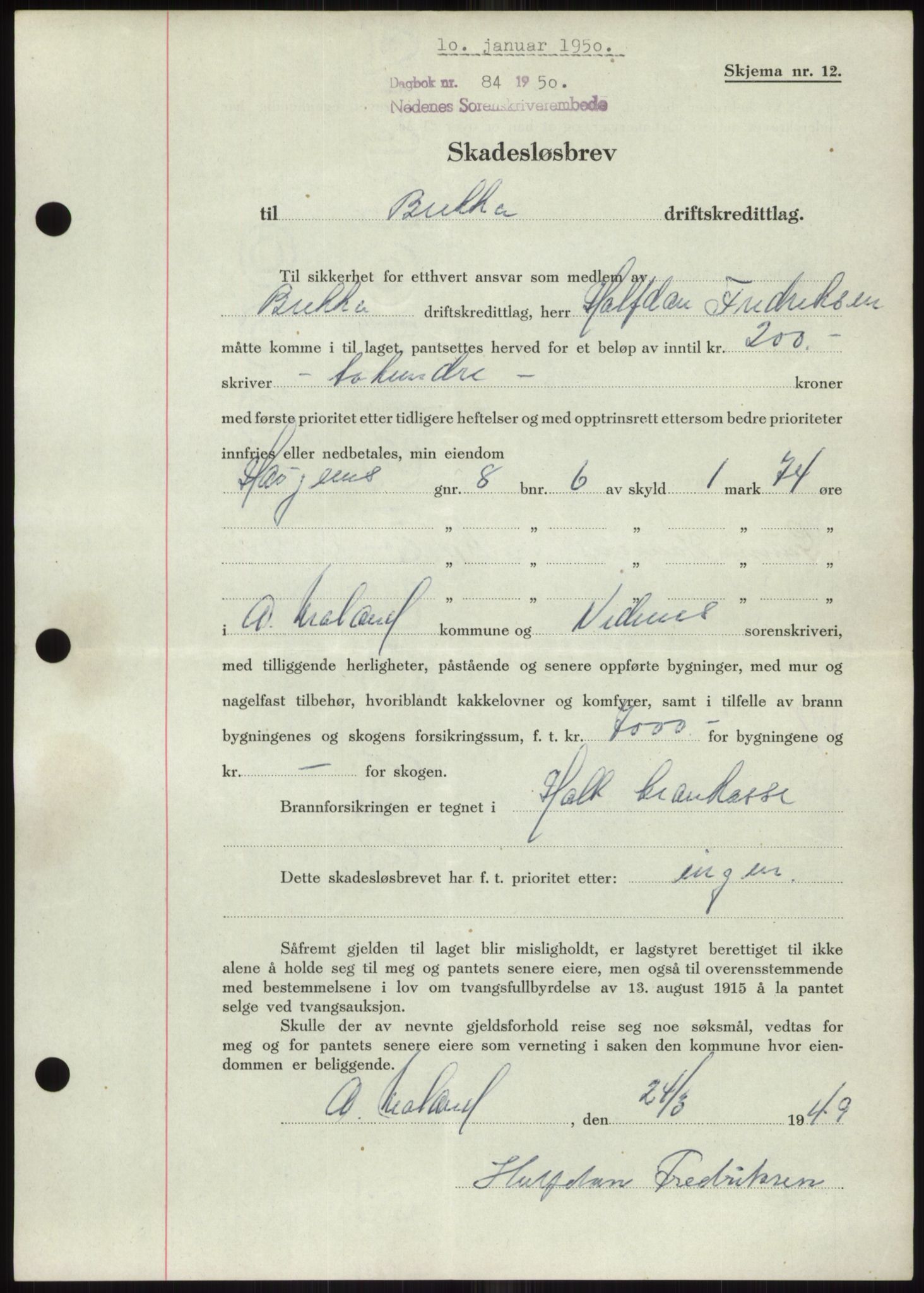 Nedenes sorenskriveri, AV/SAK-1221-0006/G/Gb/Gbb/L0007: Mortgage book no. B7, 1949-1950, Diary no: : 84/1950