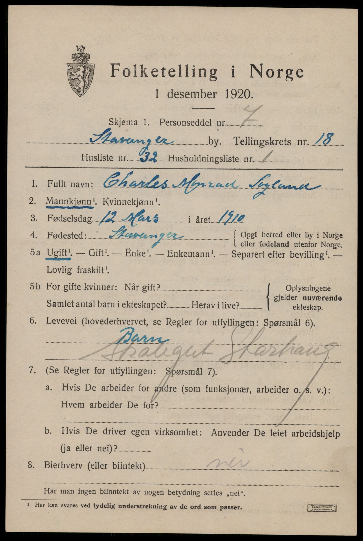 SAST, 1920 census for Stavanger, 1920, p. 67100