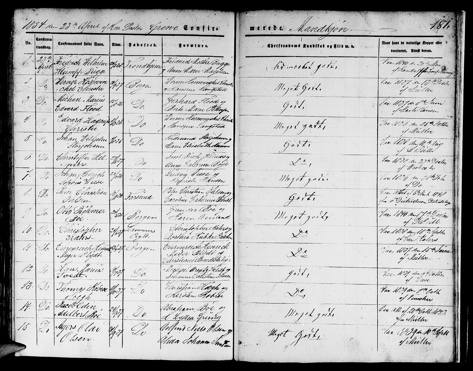 Domkirken sokneprestembete, SAB/A-74801/H/Hab/L0022: Parish register (copy) no. C 2, 1839-1854, p. 181