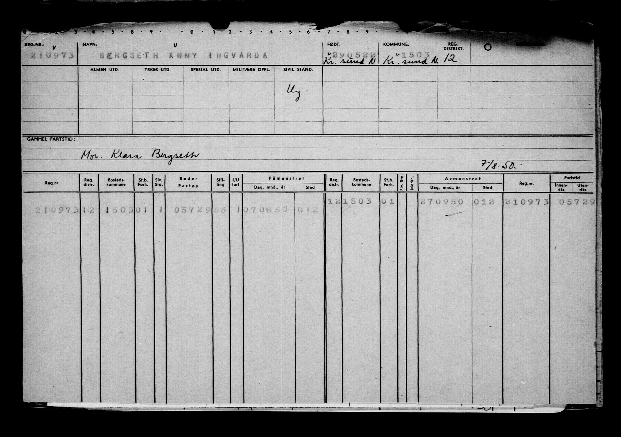 Direktoratet for sjømenn, RA/S-3545/G/Gb/L0207: Hovedkort, 1922, p. 70