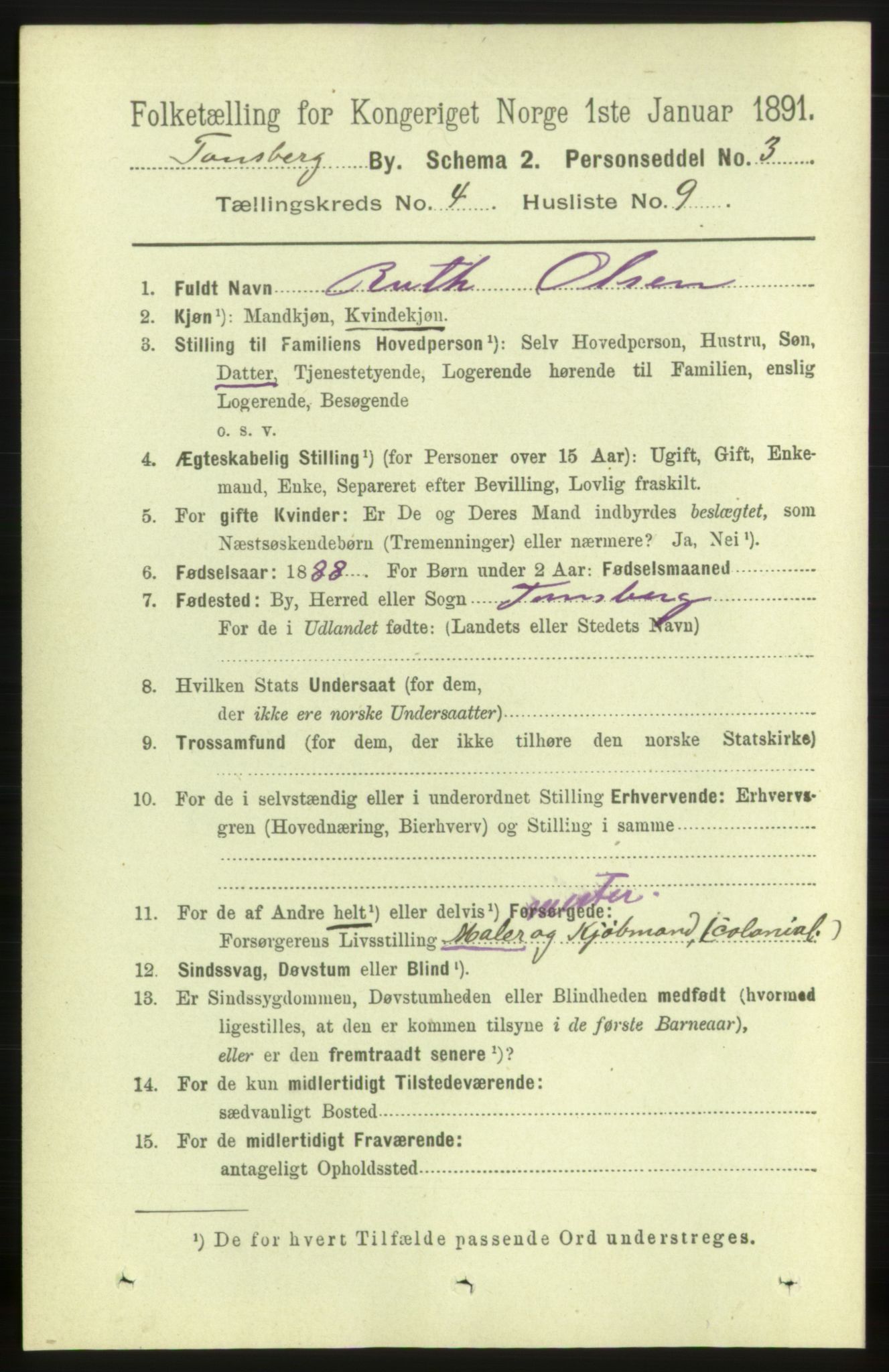 RA, 1891 census for 0705 Tønsberg, 1891, p. 2097