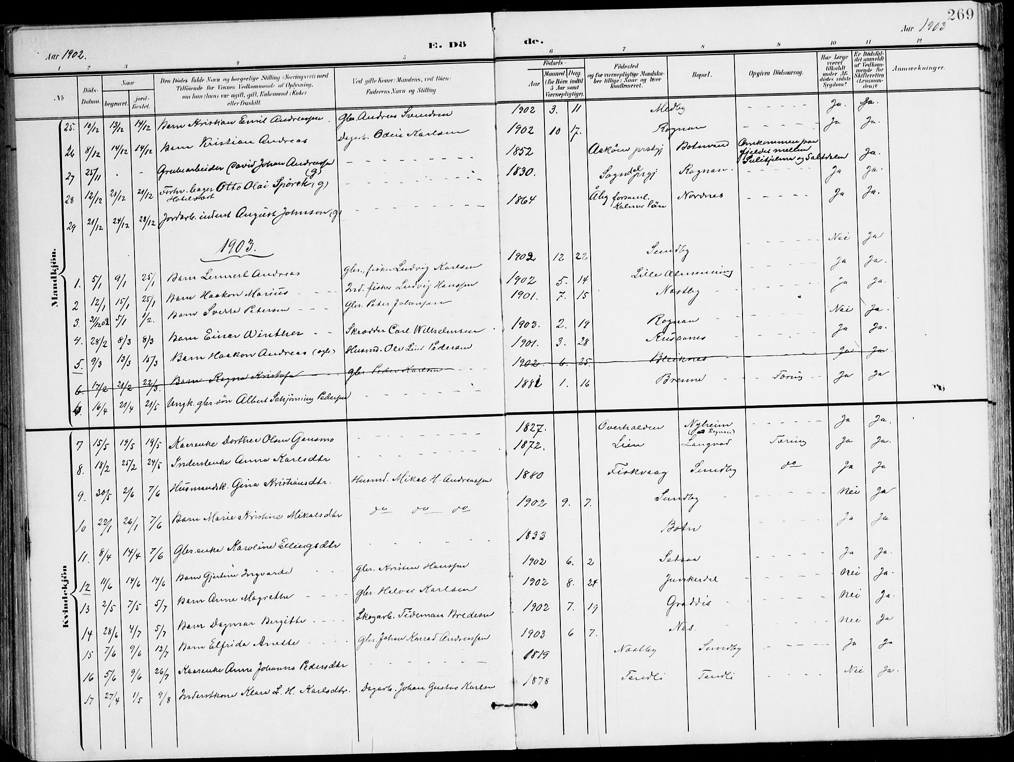 Ministerialprotokoller, klokkerbøker og fødselsregistre - Nordland, AV/SAT-A-1459/847/L0672: Parish register (official) no. 847A12, 1902-1919, p. 269