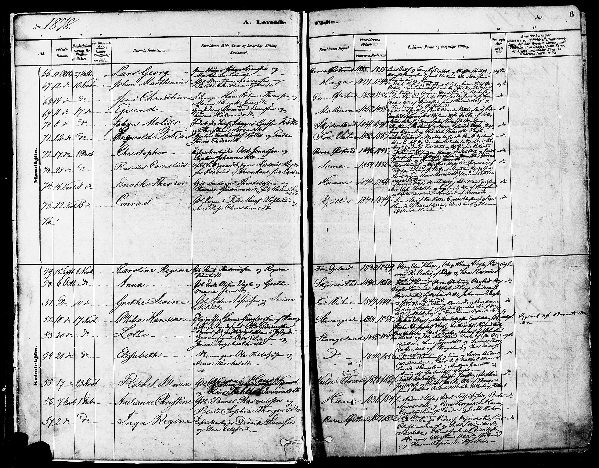 Høyland sokneprestkontor, SAST/A-101799/001/30BA/L0011: Parish register (official) no. A 10, 1878-1888, p. 6