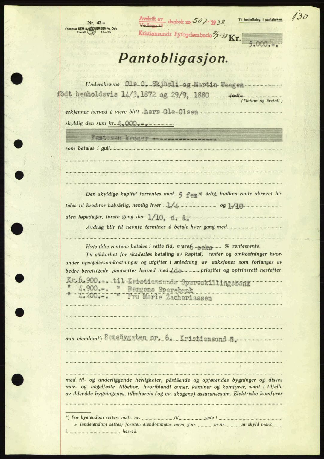 Kristiansund byfogd, AV/SAT-A-4587/A/27: Mortgage book no. 31, 1938-1939, Diary no: : 507/1938